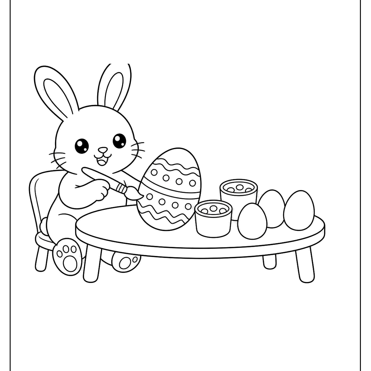 Bunny painting Easter eggs at a table