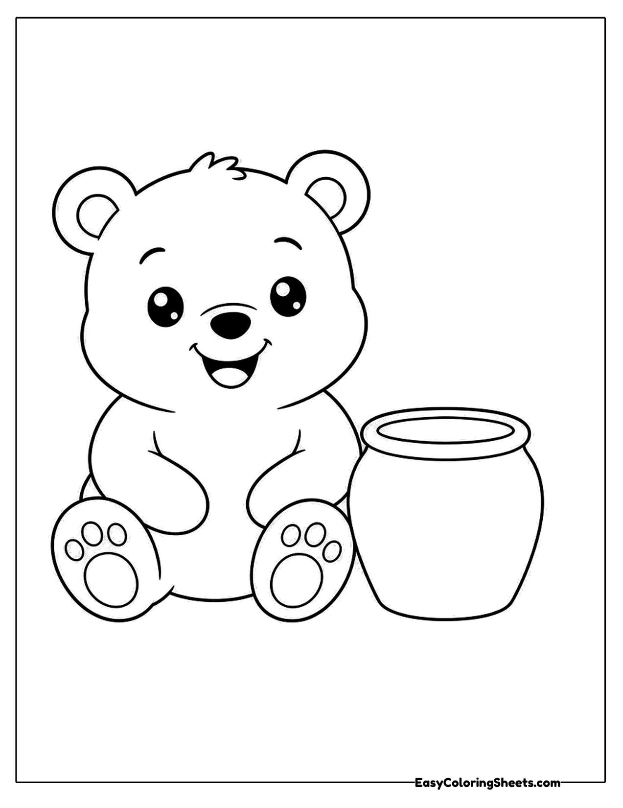 Bear sitting beside a honey pot