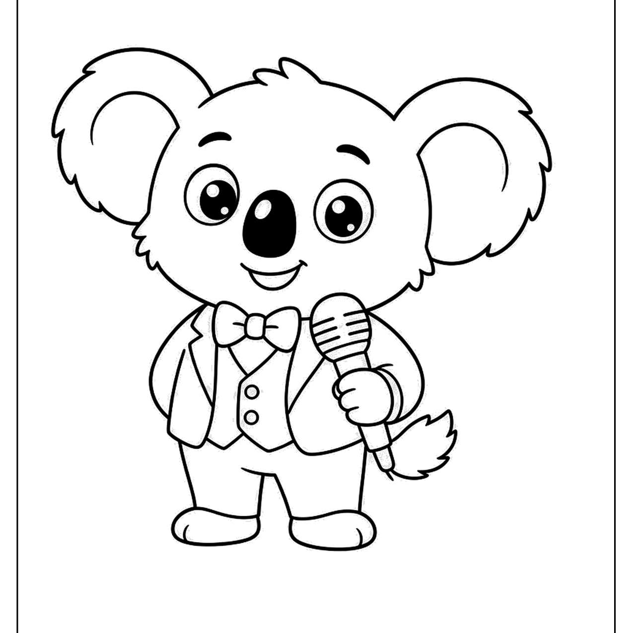 Cartoon koala in a vest holding a microphone