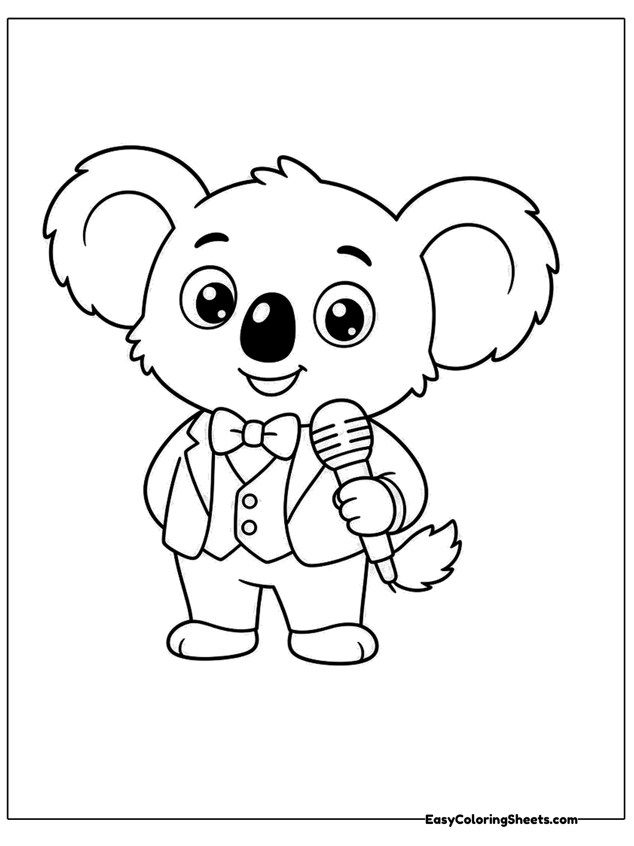 A koala with big round ears wears a vest and bow tie while holding a microphone, ready to perform.