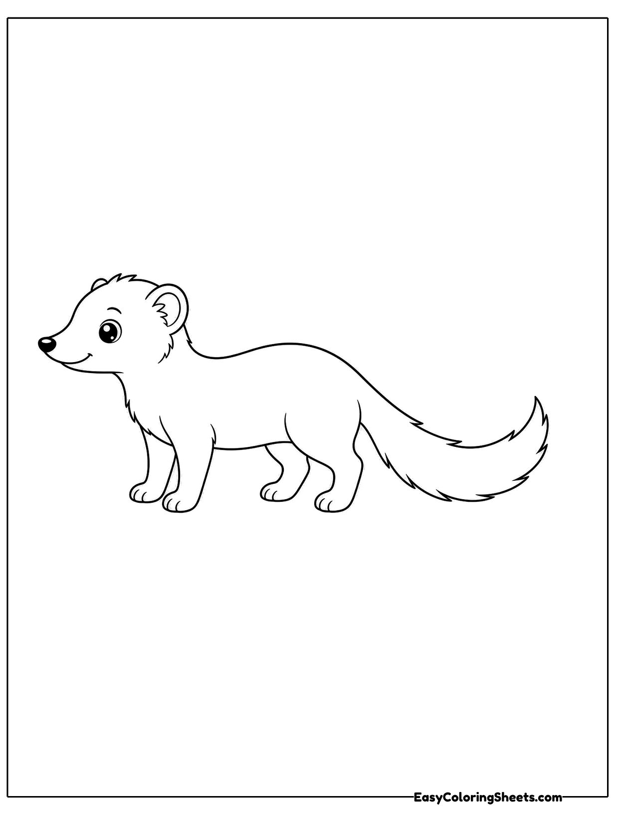 A slim little mongoose walks across the page in side view with a long fluffy tail.