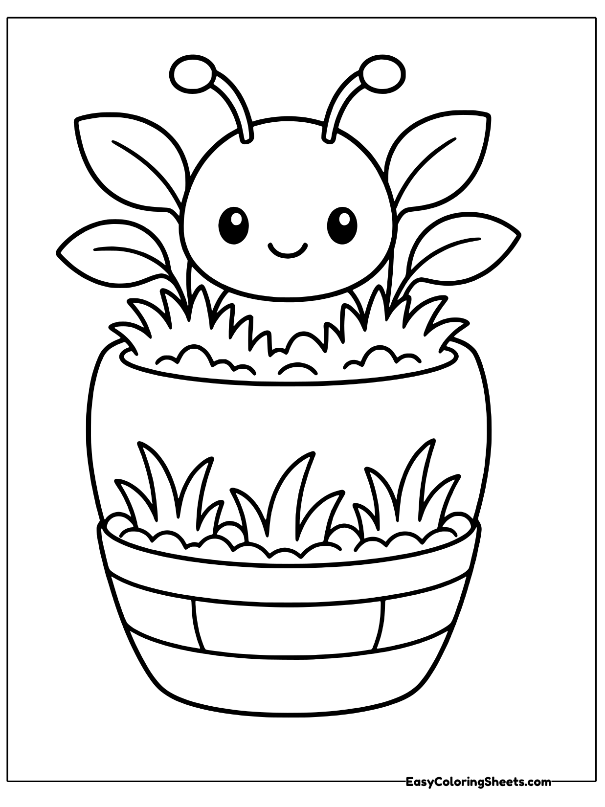 A smiling ant sits inside a big flower pot with leafy plants growing around it.