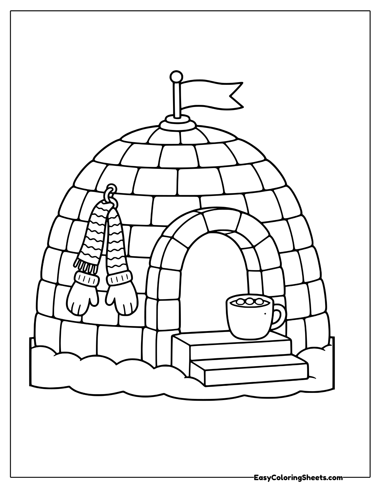 Igloo with a scarf, mittens and a mug of cocoa