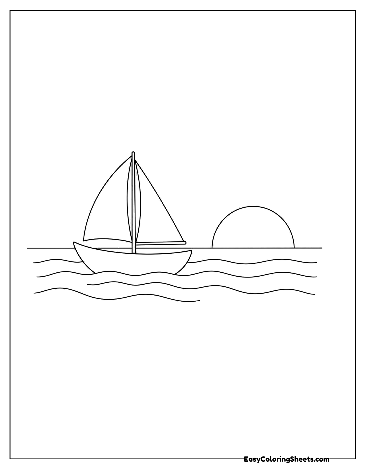 Small sailboat on calm water with a setting sun on the horizon