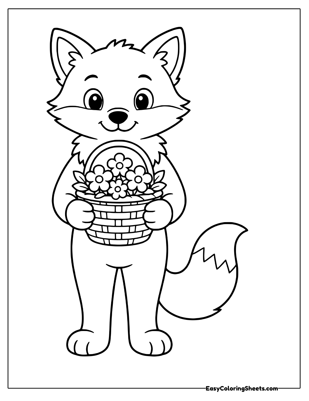 Standing fox holding a woven basket full of spring flowers