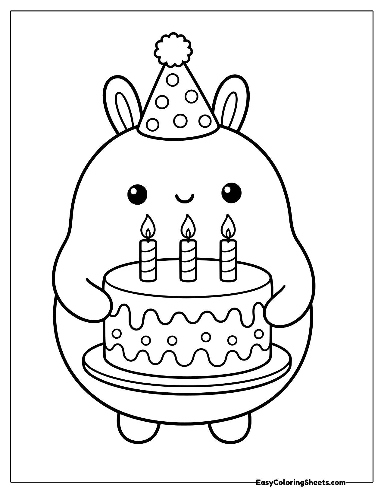 Molang wearing a party hat and holding a birthday cake with three candles