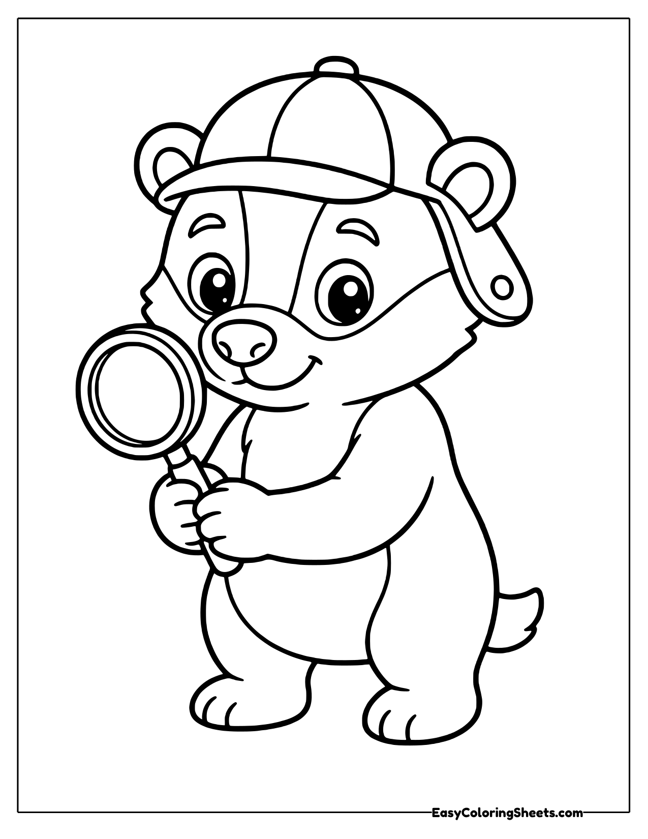Badger detective in a cap peering through a large magnifying glass