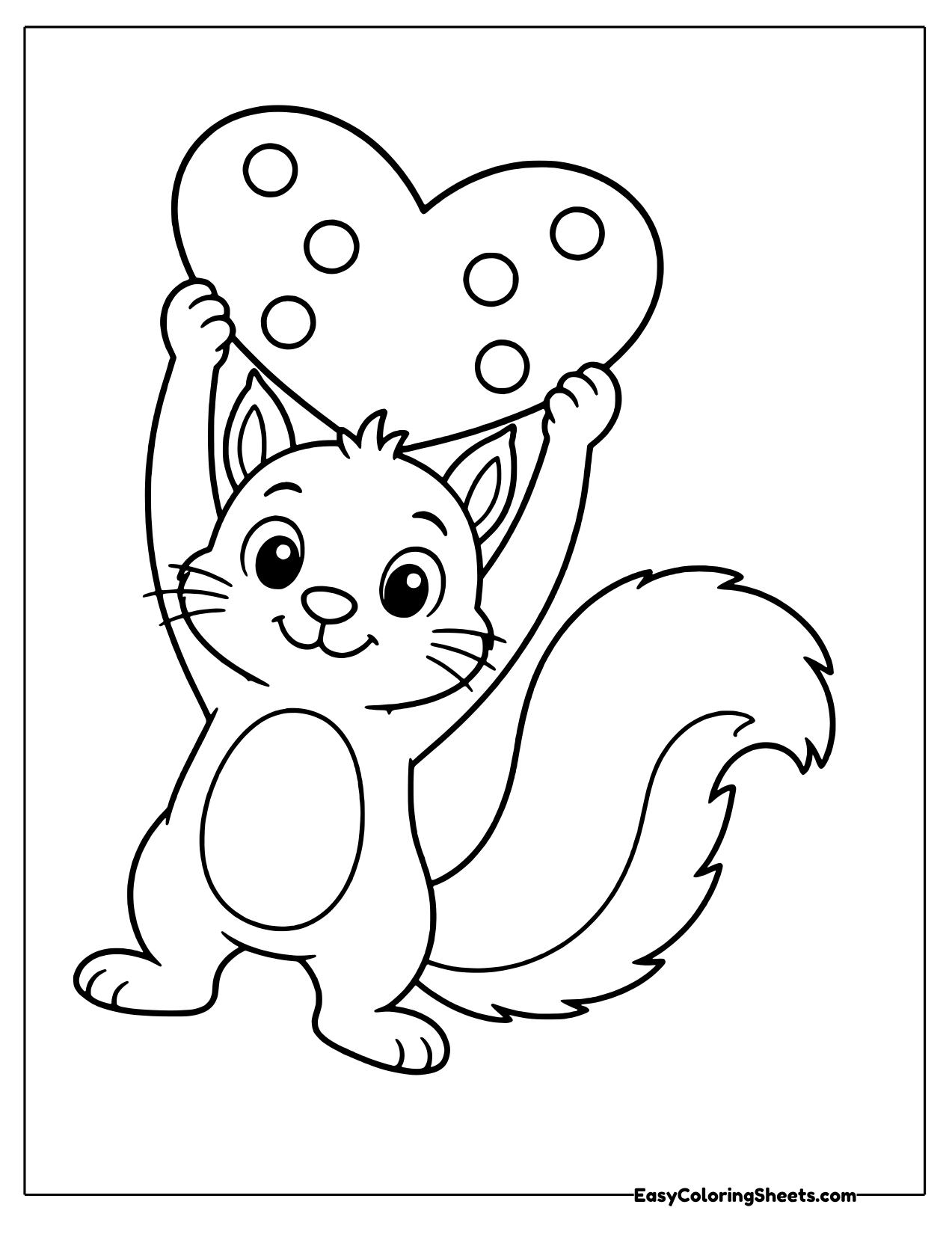 Cheerful squirrel holding up a polka-dot heart cookie