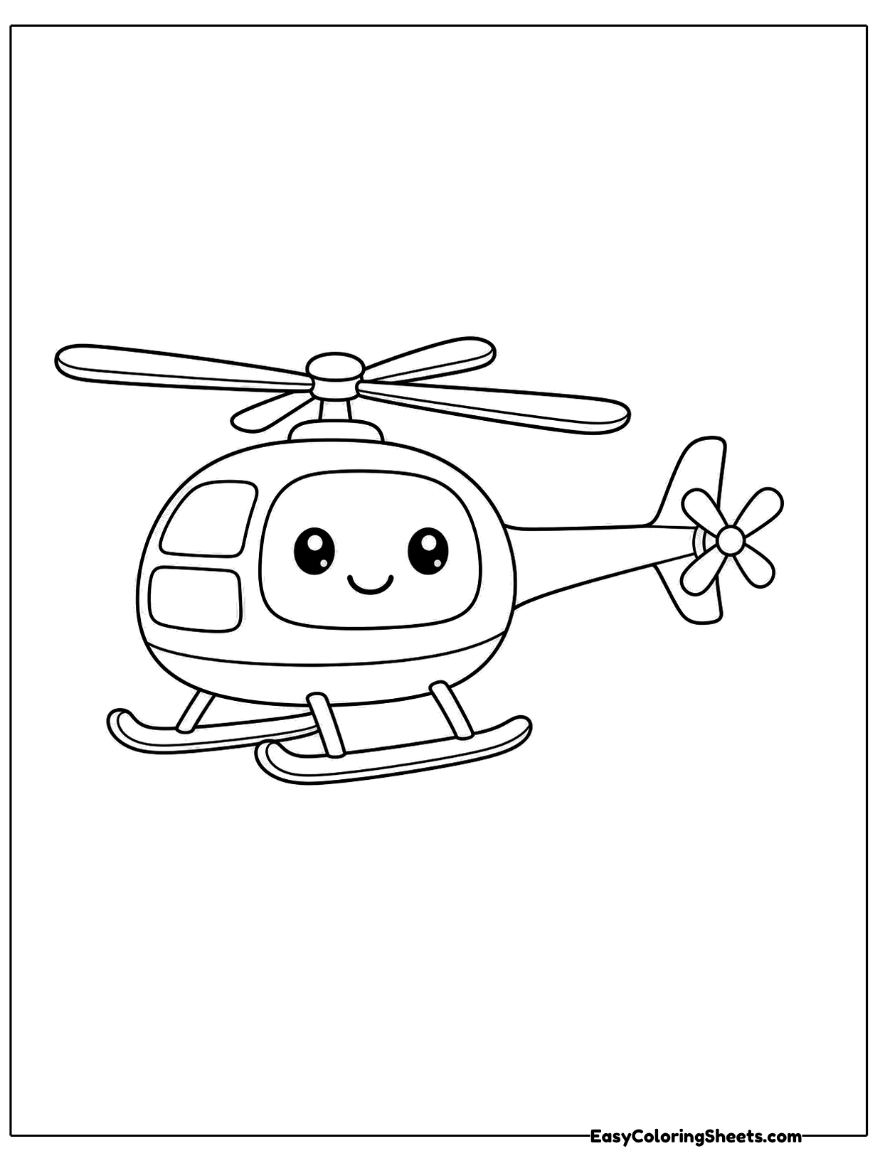 A cute cartoon helicopter with a large bubble window, a long tail and landing skids is drawn across the page.