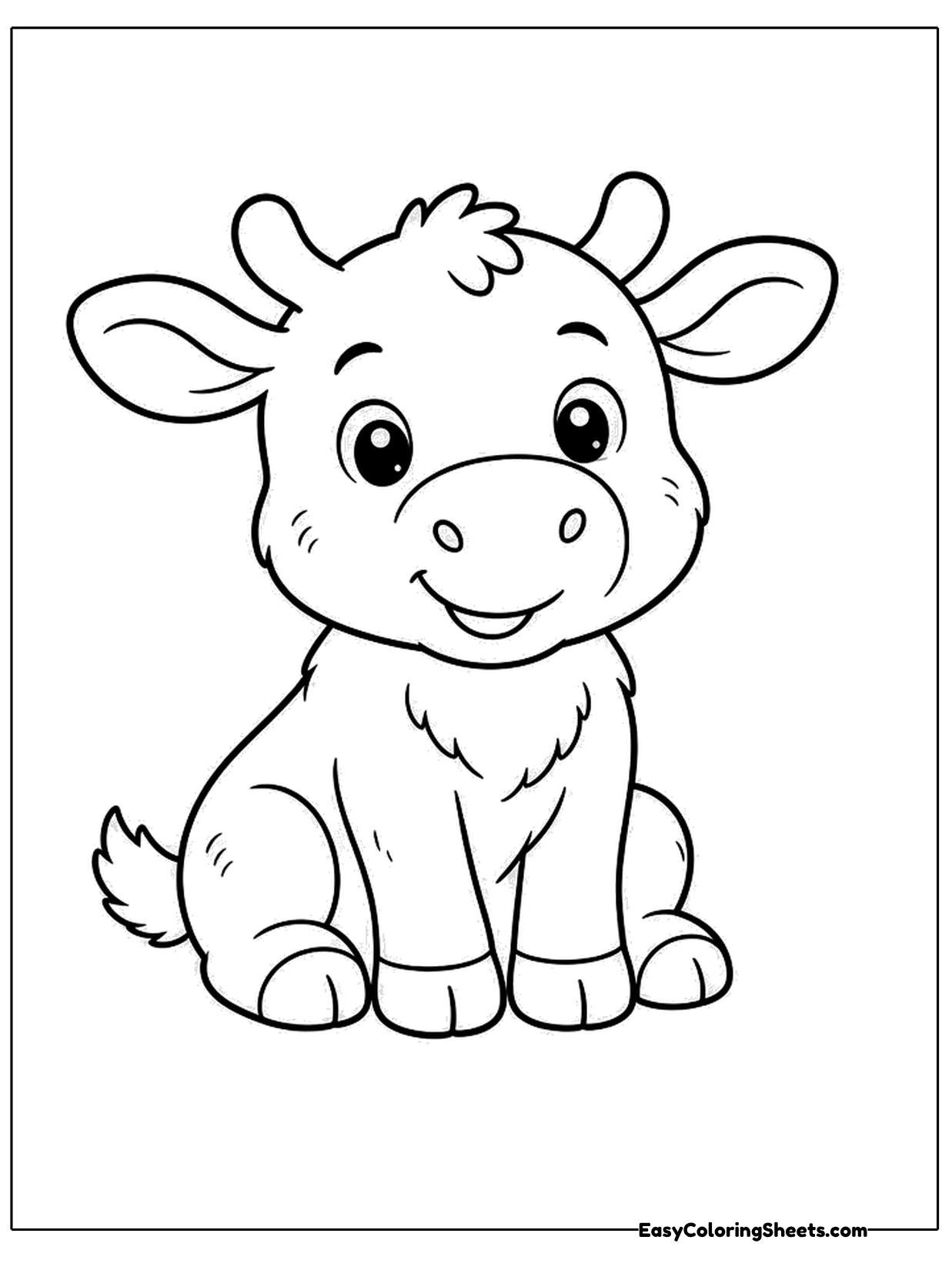 A baby moose calf sits with folded legs, a fluffy tuft on its head and a sweet smile.