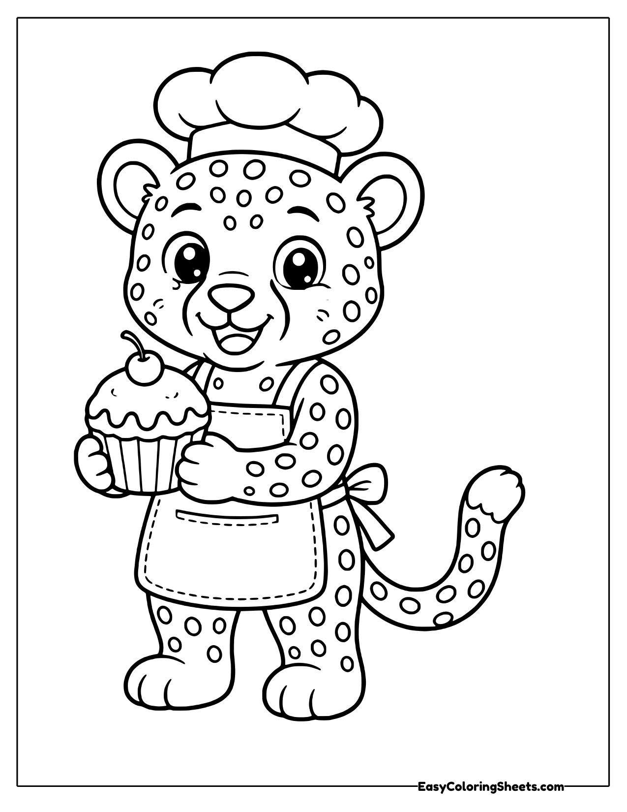 Cheetah chef in a puffy hat and apron holding a cherry-topped cupcake