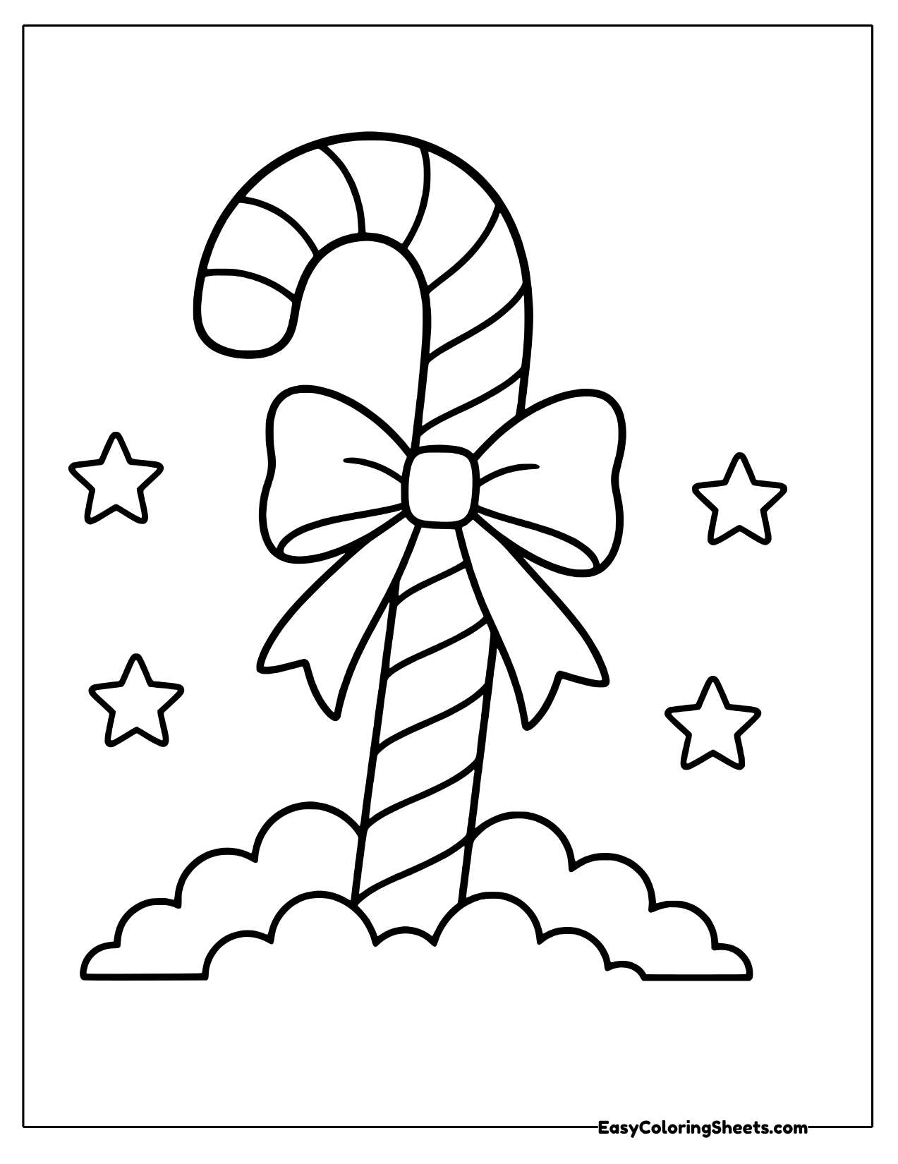Candy cane with a bow among stars in the snow