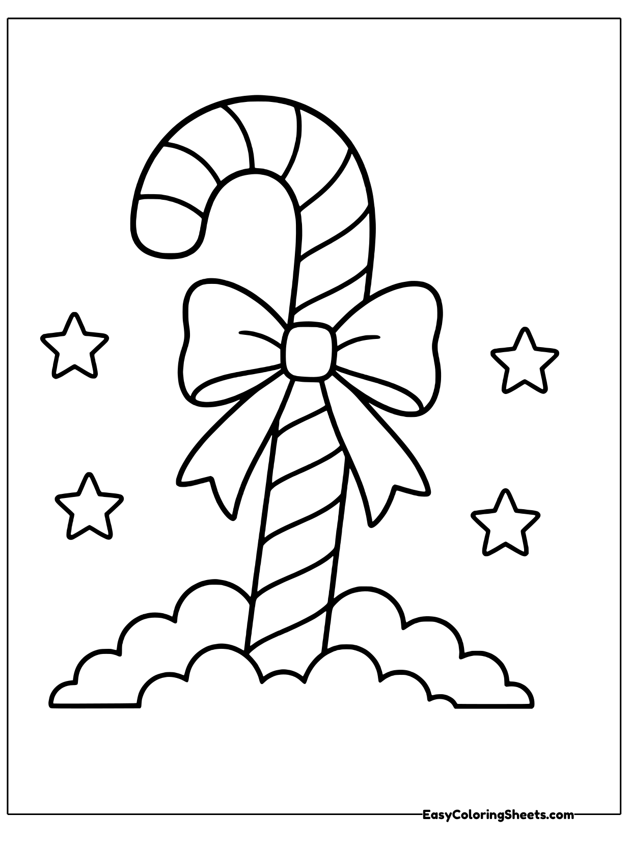 A candy cane tied with a big bow stands in a fluffy snowbank with four little stars twinkling around it.