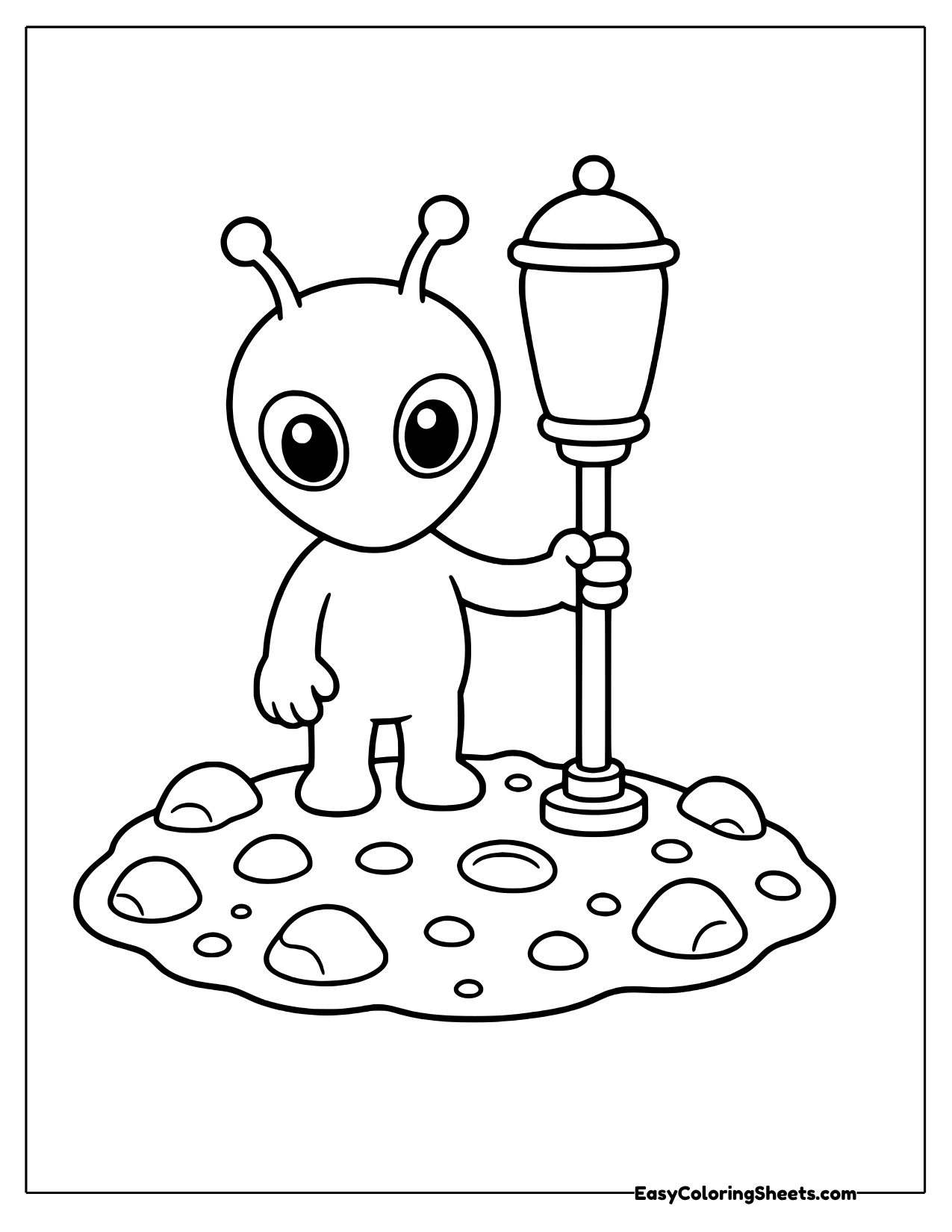 Alien standing beside a lamppost on a moon rock