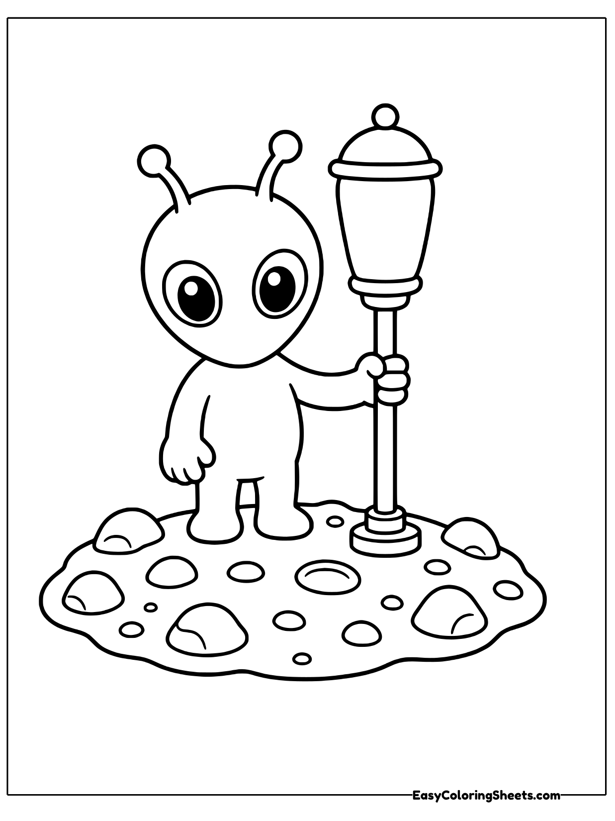 A big-eyed alien stands beside an old-fashioned lamppost on a bumpy moon rock.