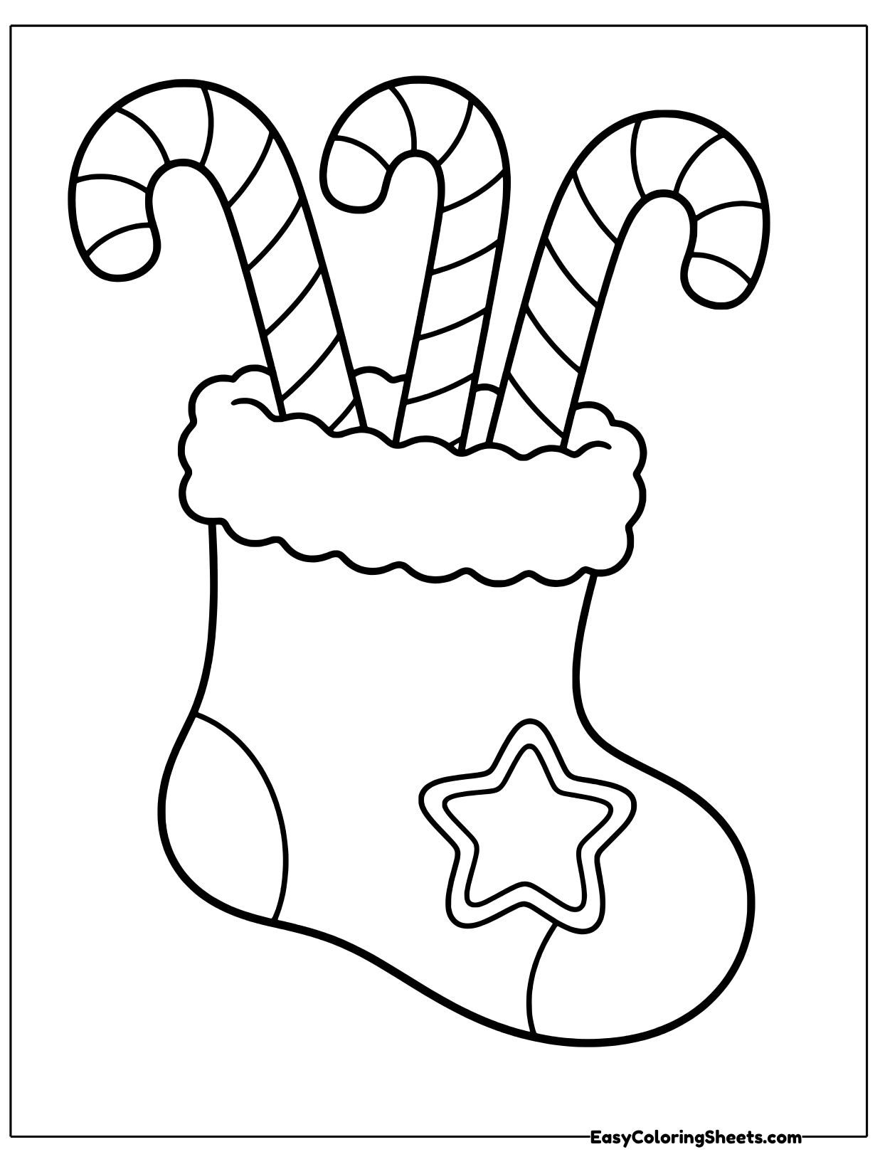 Three striped candy canes poke out of a fluffy Christmas stocking decorated with a big star.