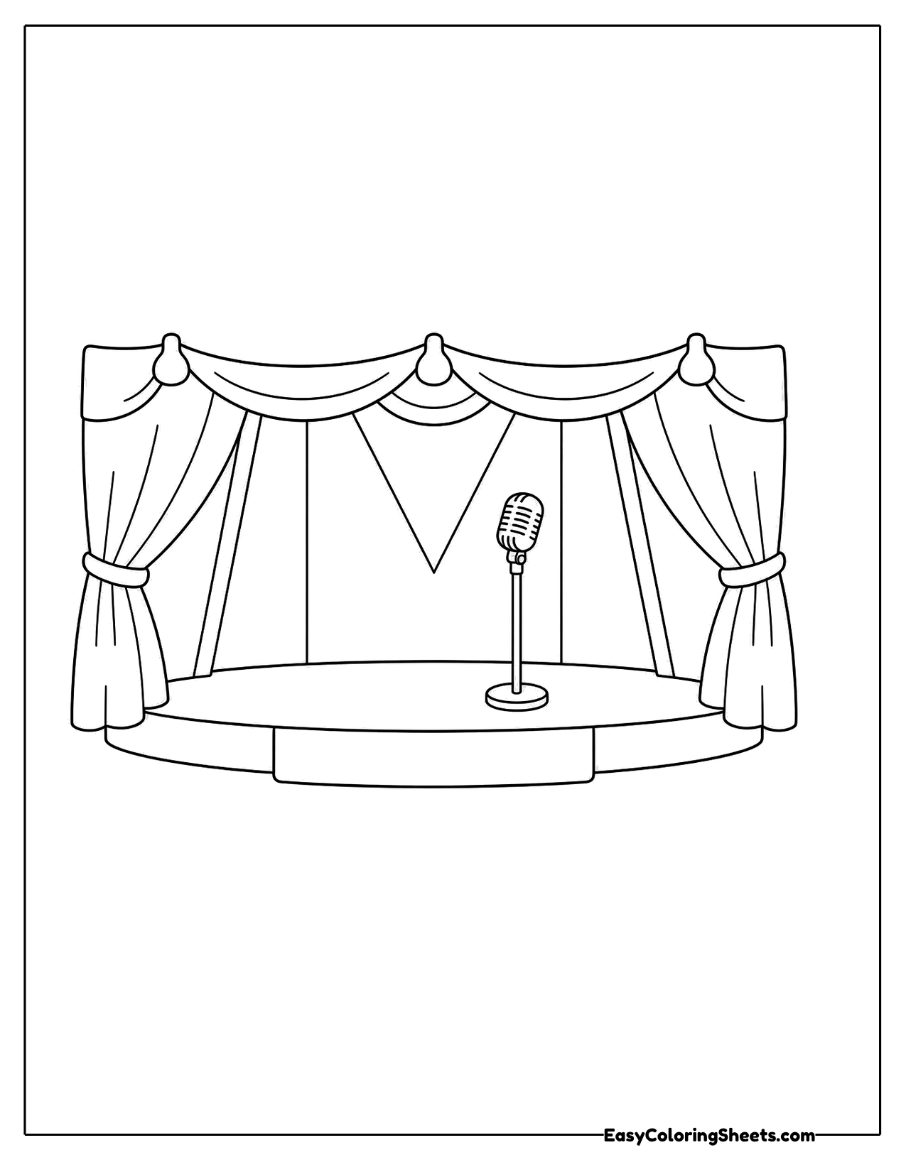 Theater stage with curtains, bunting and a microphone stand