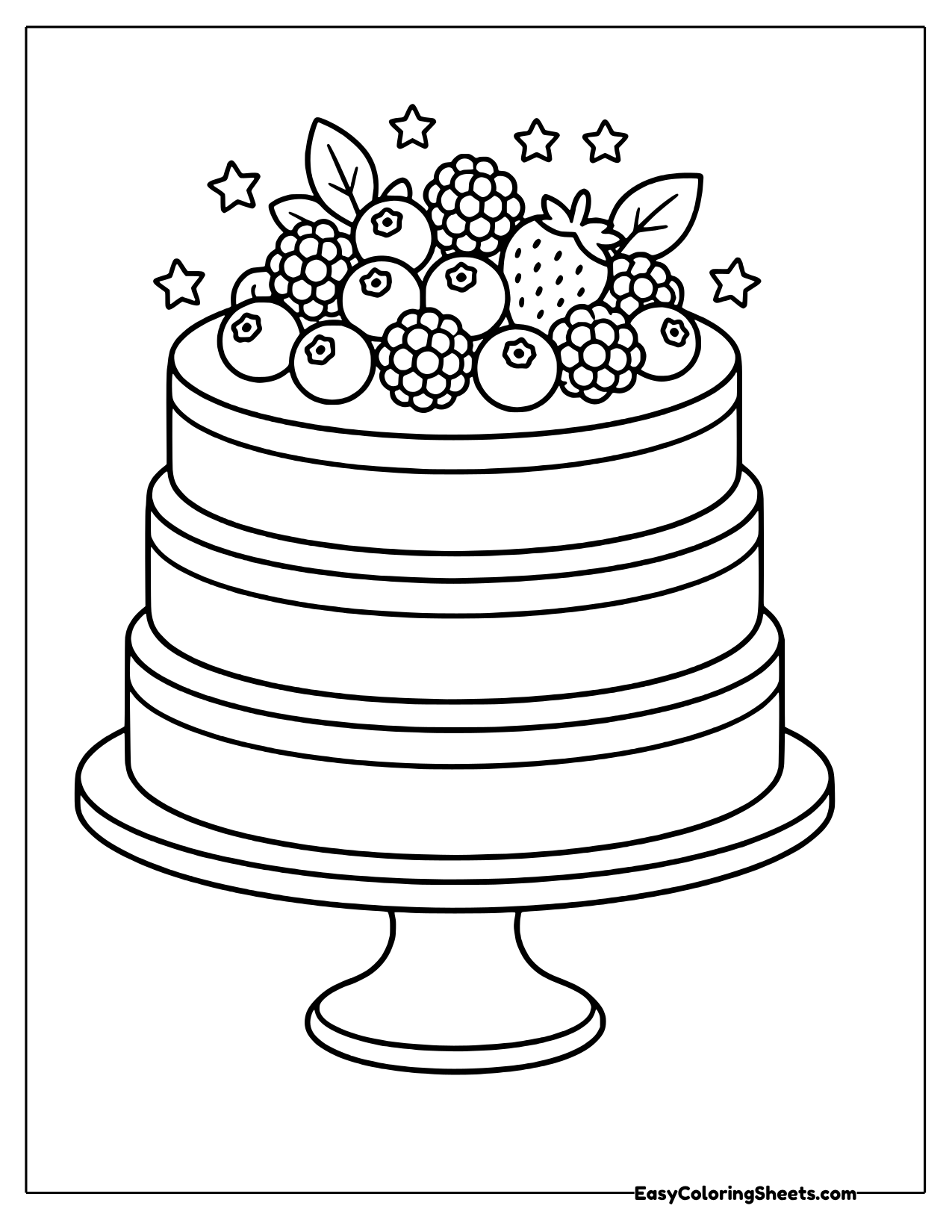 Layer cake topped with a pile of berries