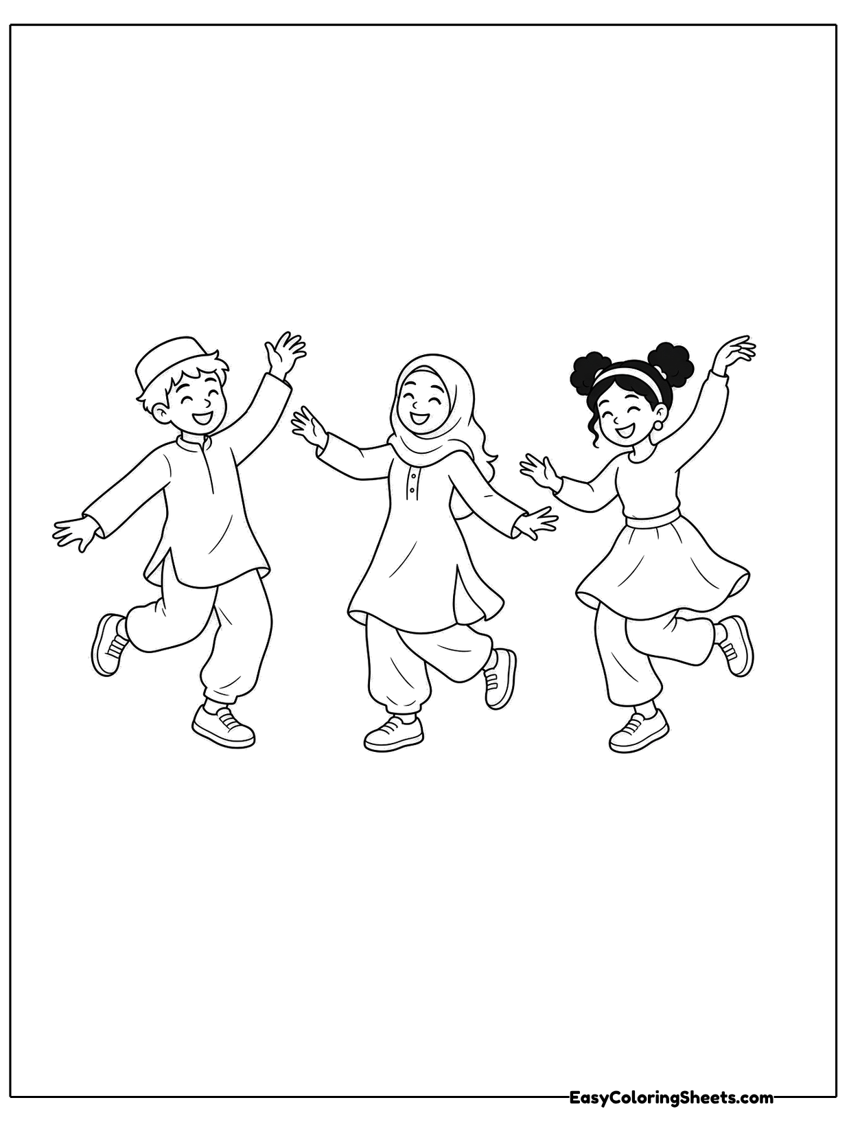 Three kids dance and jump together with their arms raised in excitement.