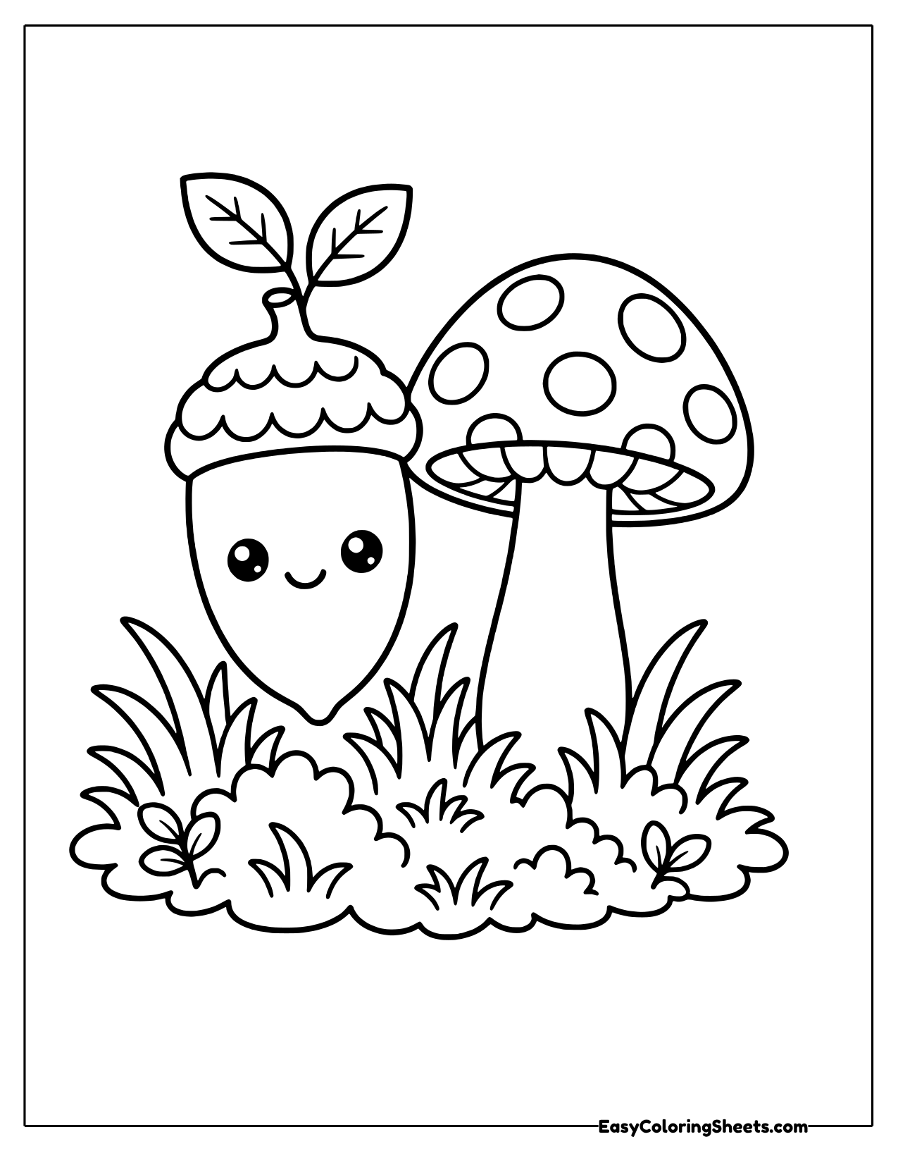 Smiling acorn beside a tall spotted mushroom