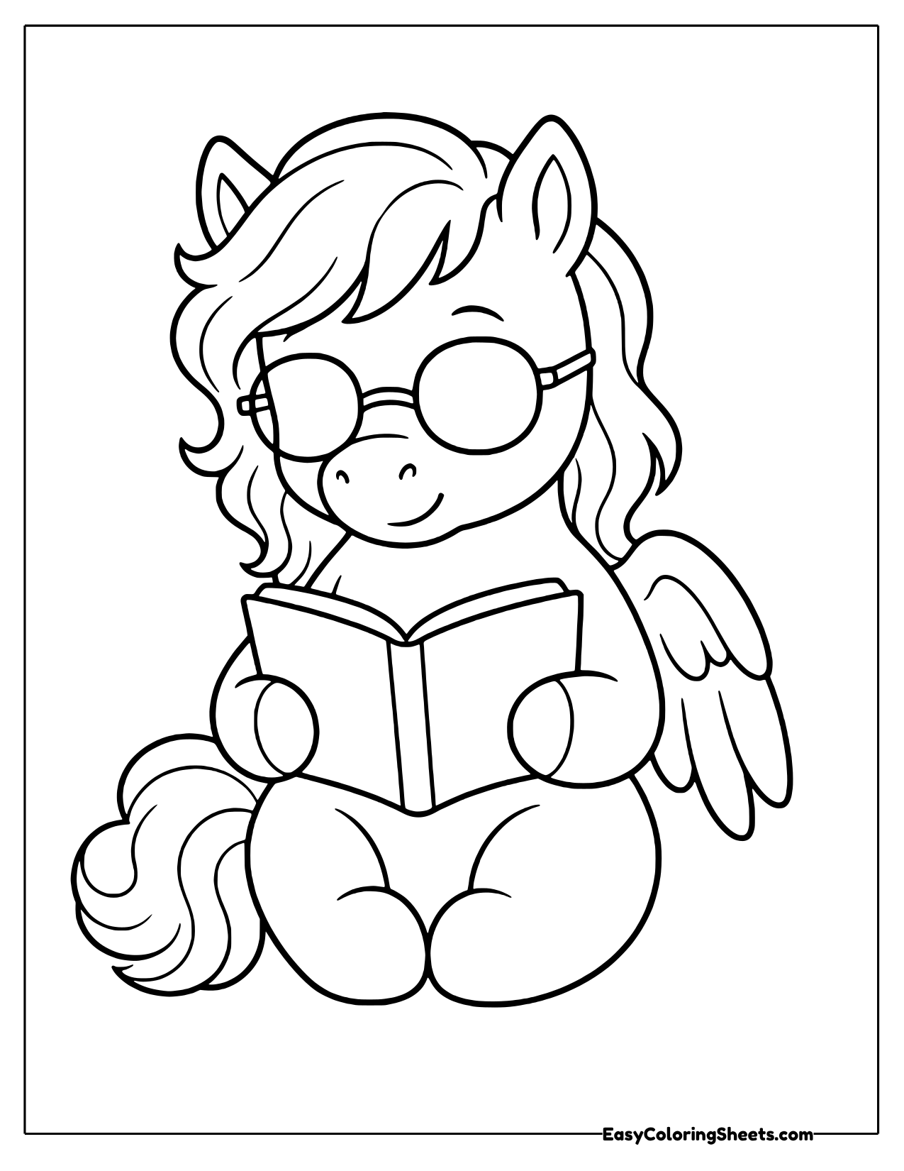 Pegasus wearing round glasses sitting and reading an open book