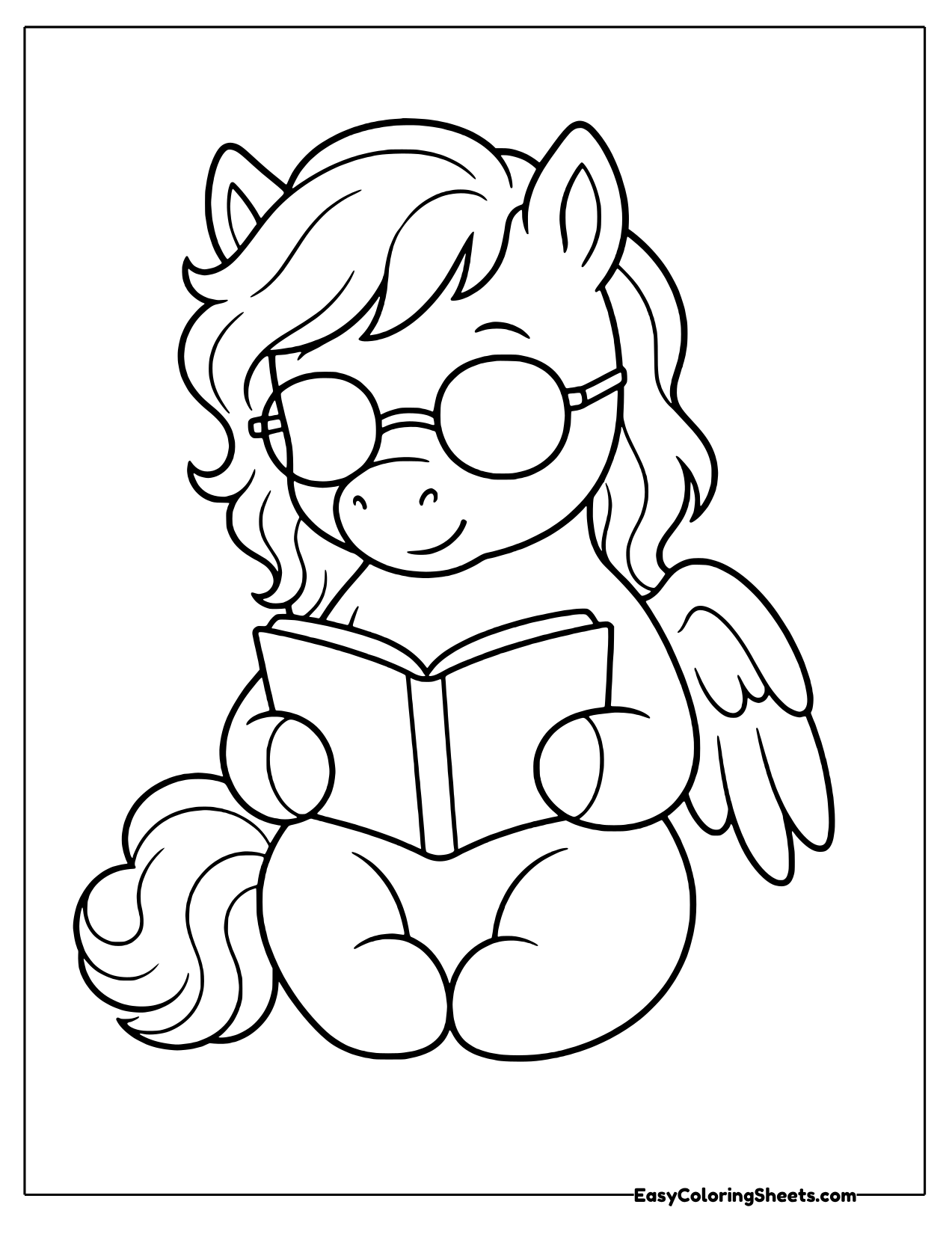 Pegasus wearing round glasses sitting and reading an open book