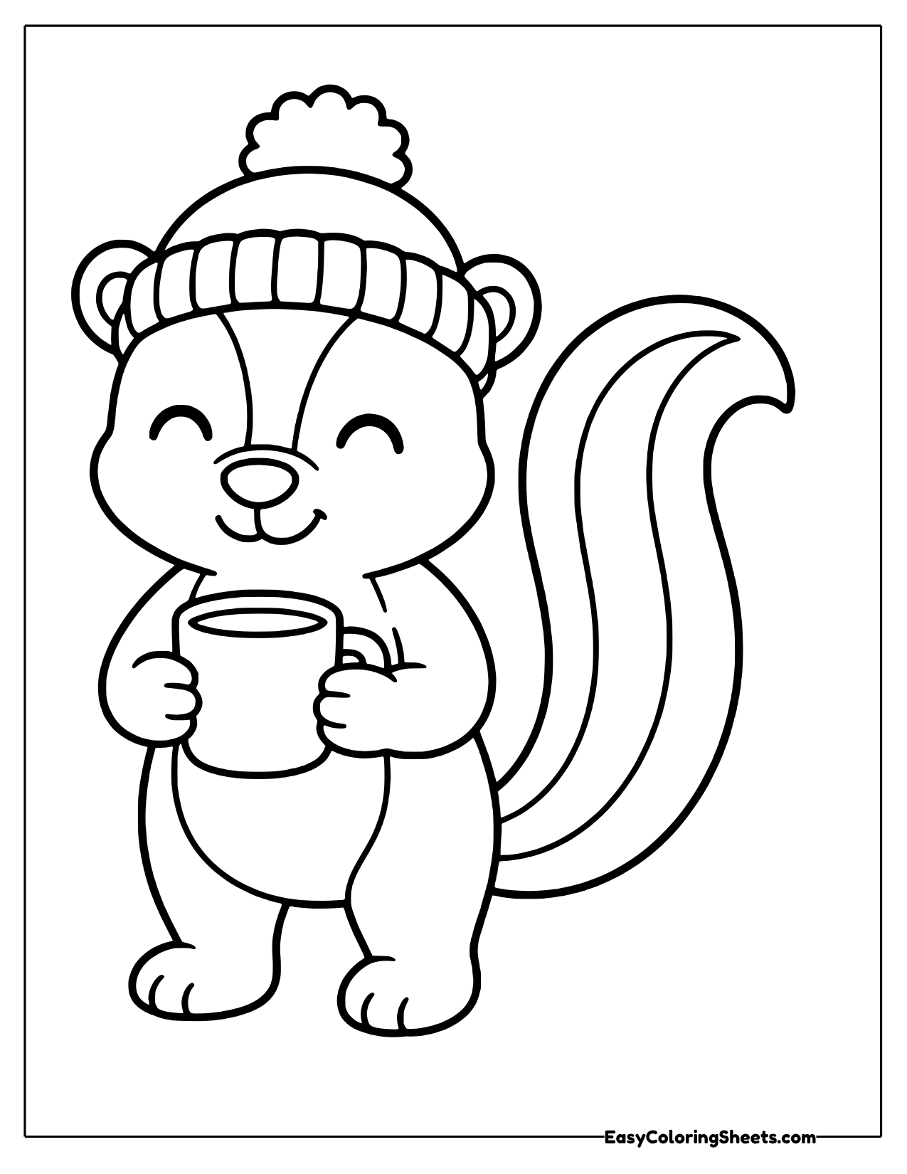 Skunk in a pom pom knit hat holding a warm mug