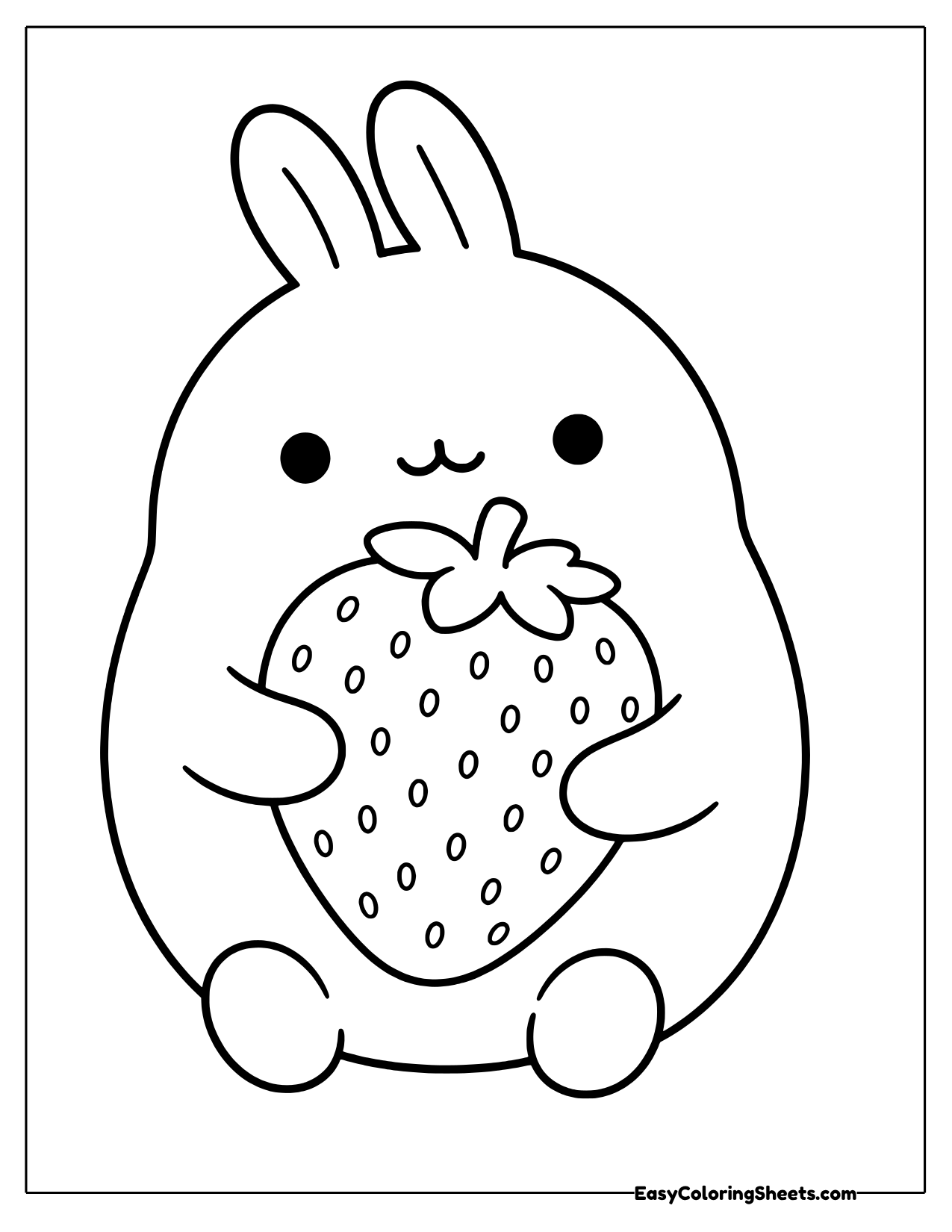 Molang the round bunny sitting and hugging a giant strawberry