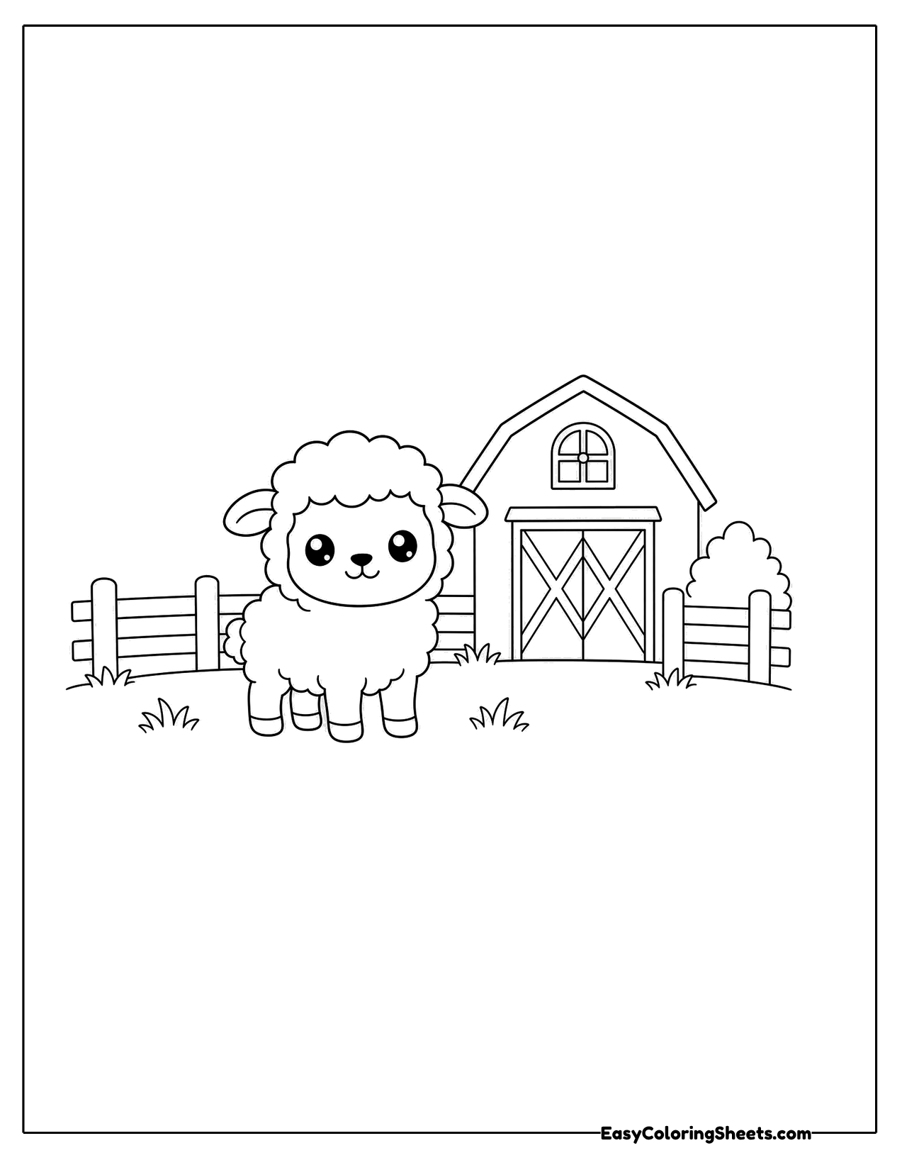 Little sheep in front of a red barn and fence