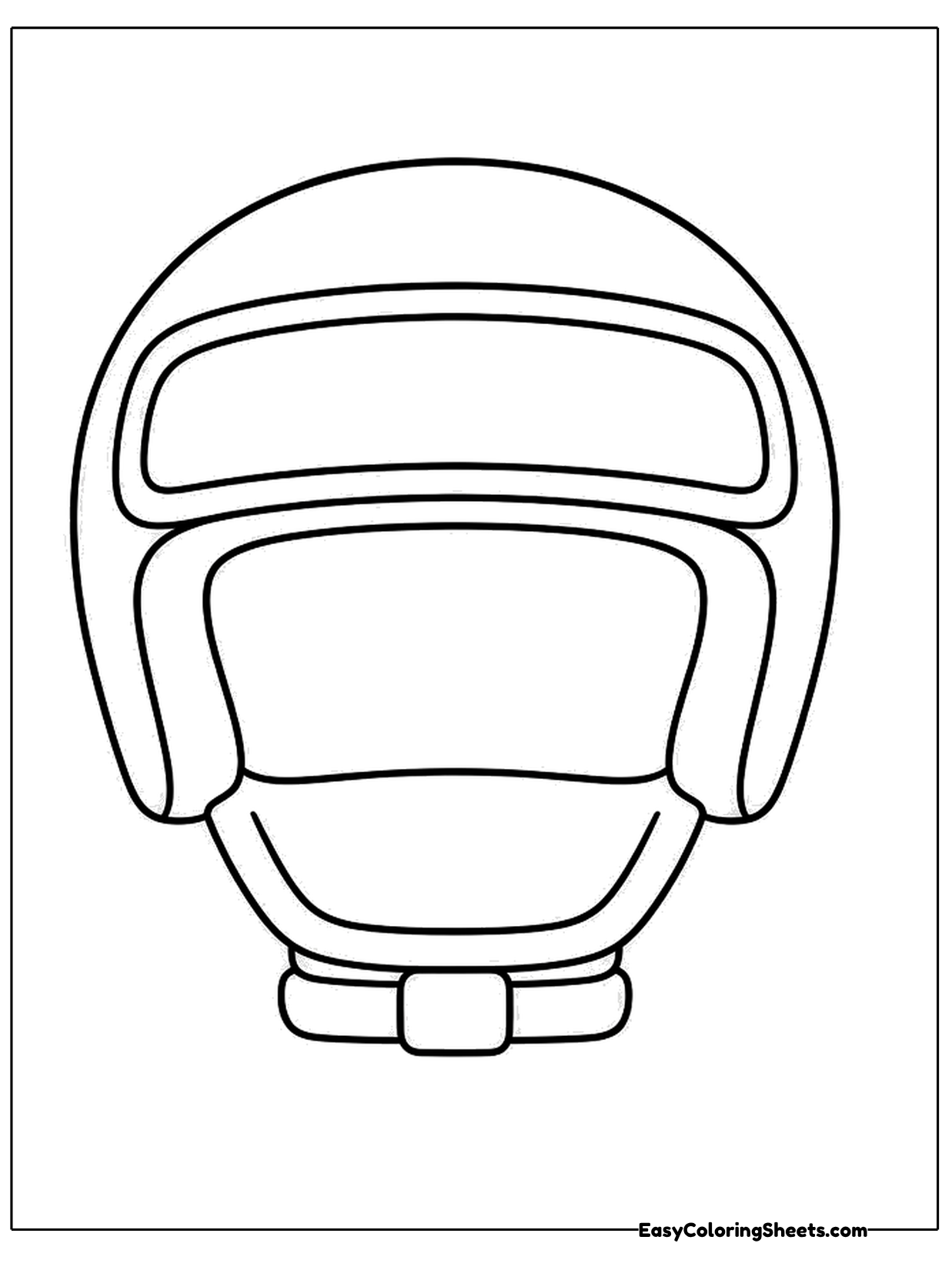 This page shows a big, simple racing helmet seen from the front, with a wide visor window and a chin guard below.