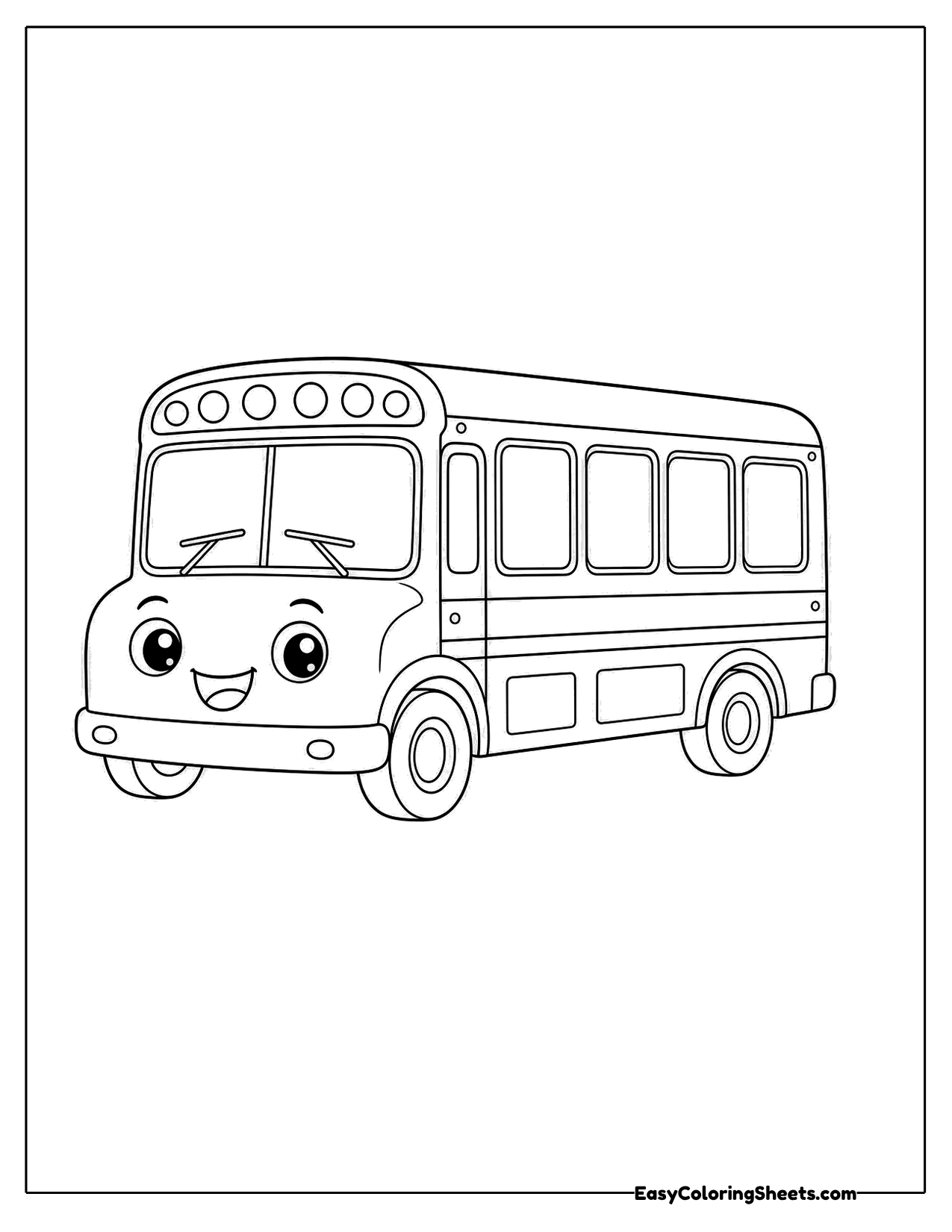 Smiling school bus character with big eyes on its windshield