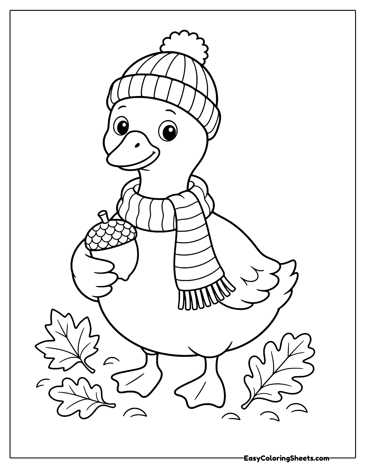 Goose in a knit hat and striped scarf holding an acorn