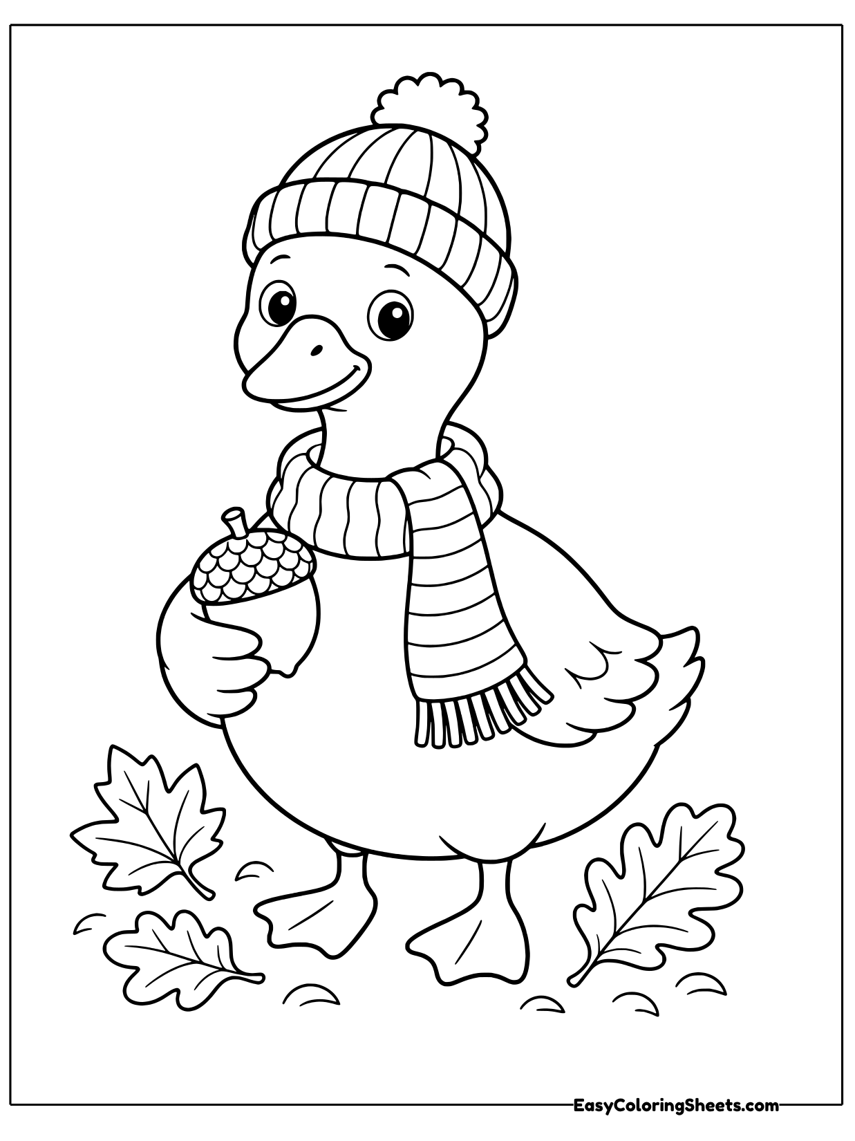 A friendly goose wears a cozy knit hat and a striped scarf while holding an acorn.