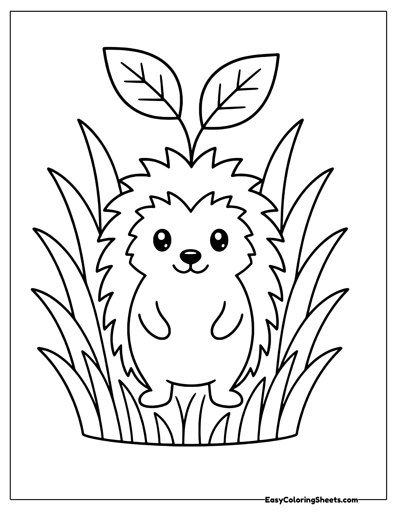 Hedgehog standing in tall grass under leaves