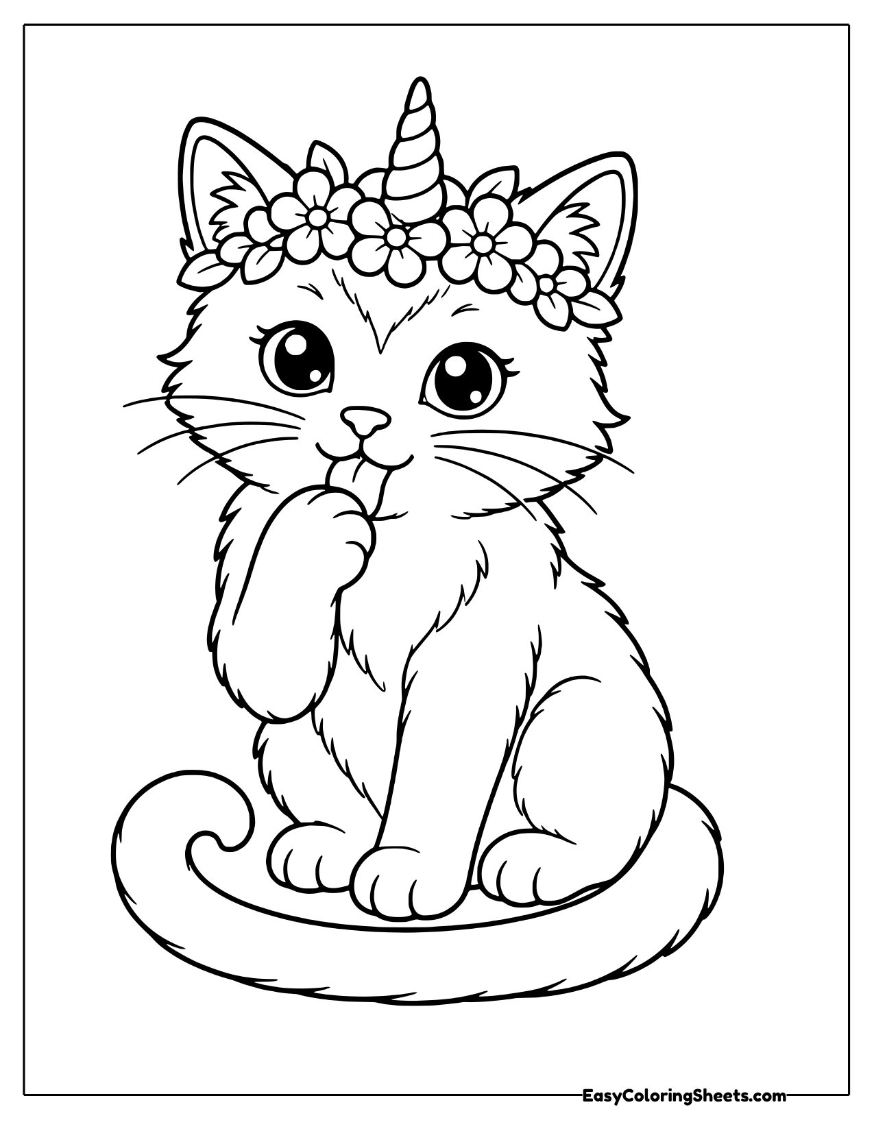 Fluffy unicorn cat with a flower crown licking its paw while sitting