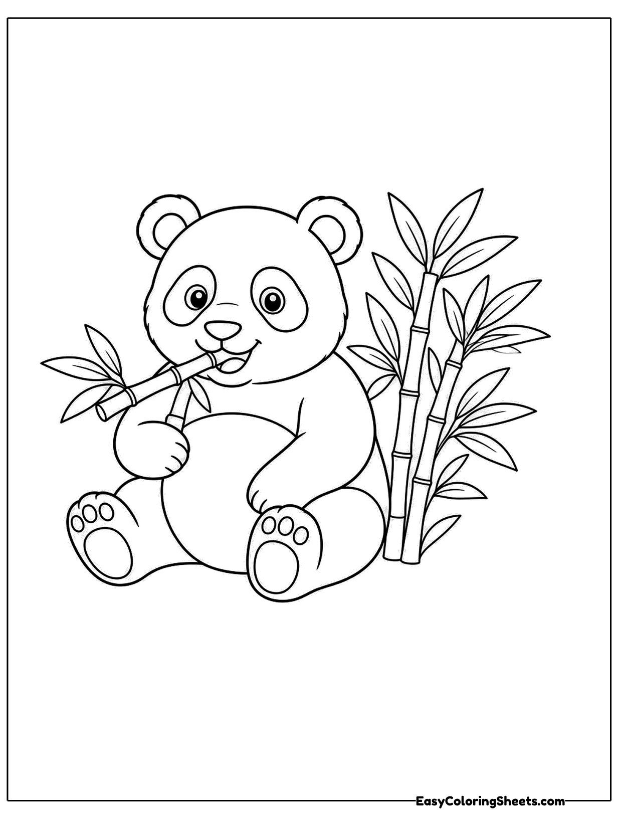 A chubby panda sits on the ground munching a stalk of bamboo, with more bamboo plants growing tall beside it.