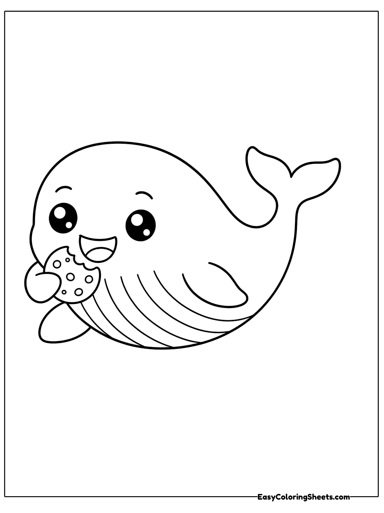 A whale holds a chocolate chip cookie.