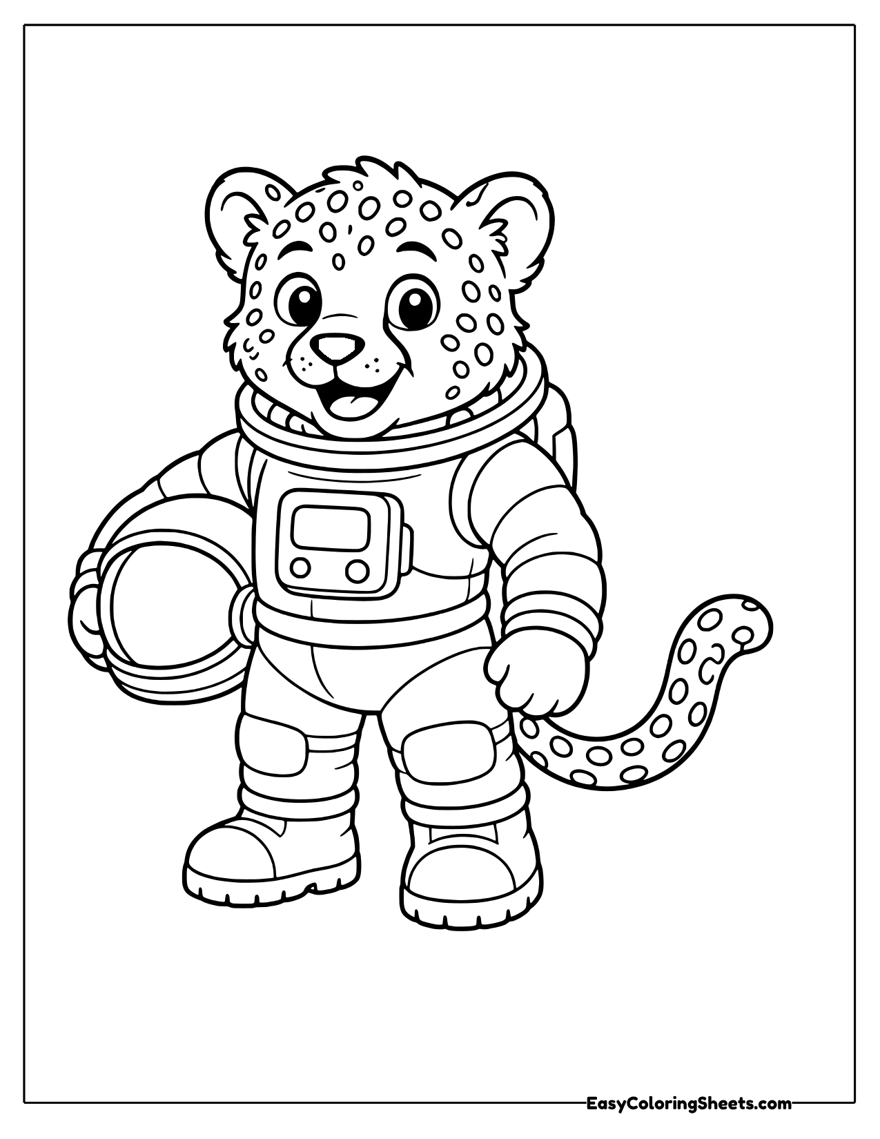 Smiling cheetah astronaut in a space suit carrying a round helmet