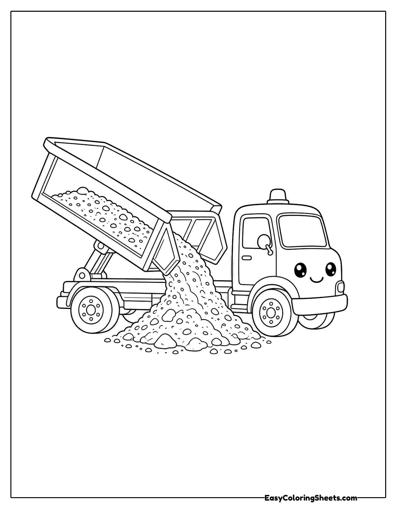 Smiling dump truck tipping out gravel