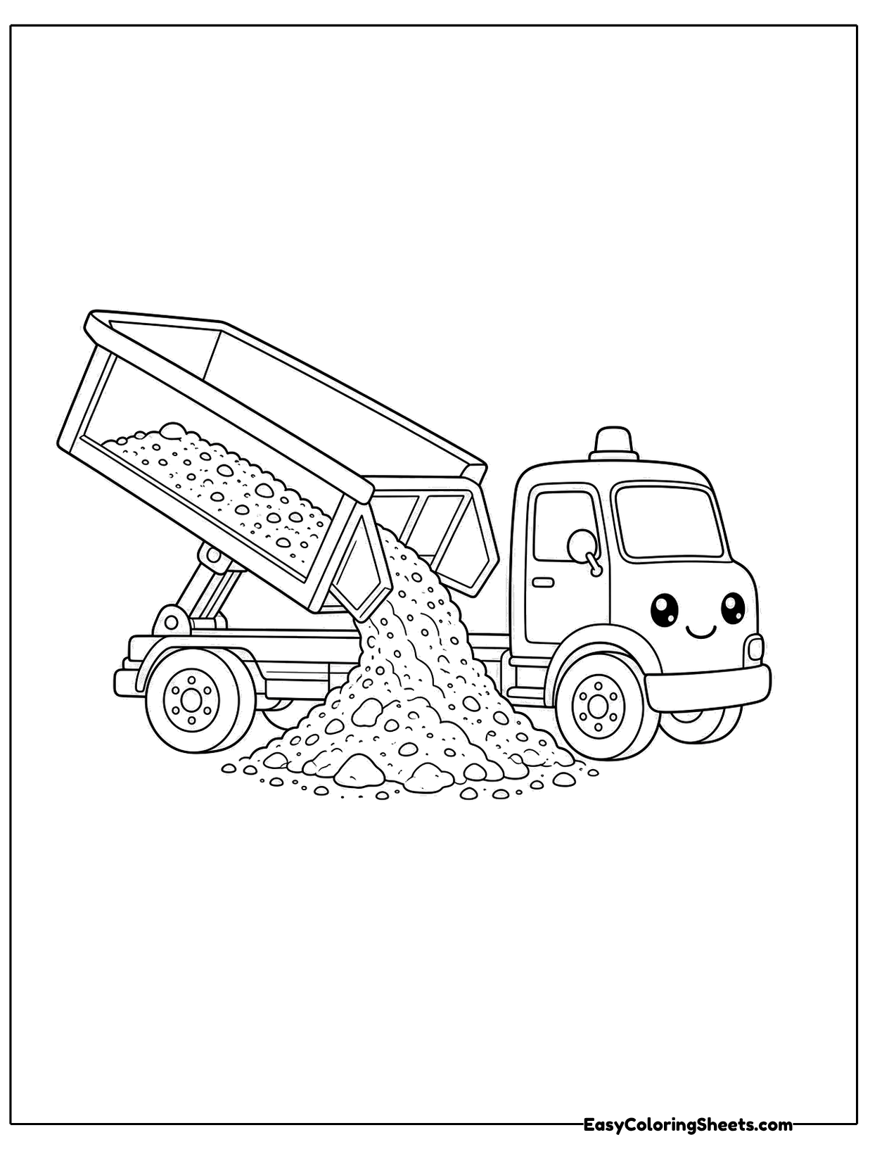 A cartoon dump truck with a friendly face tilts its bed to pour a load of gravel onto the ground.