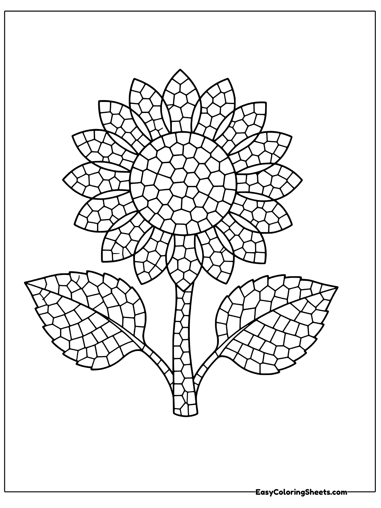 A tall sunflower has petals and a big center made of mosaic tiles, with two leaves on its stem.
