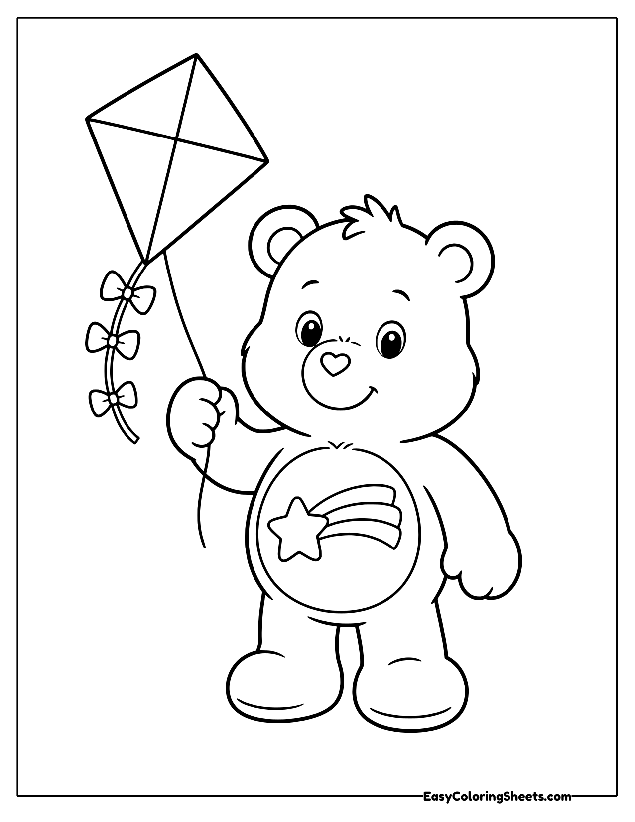 Care Bear with a shooting star belly badge holding the string of a diamond kite with bows on the tail