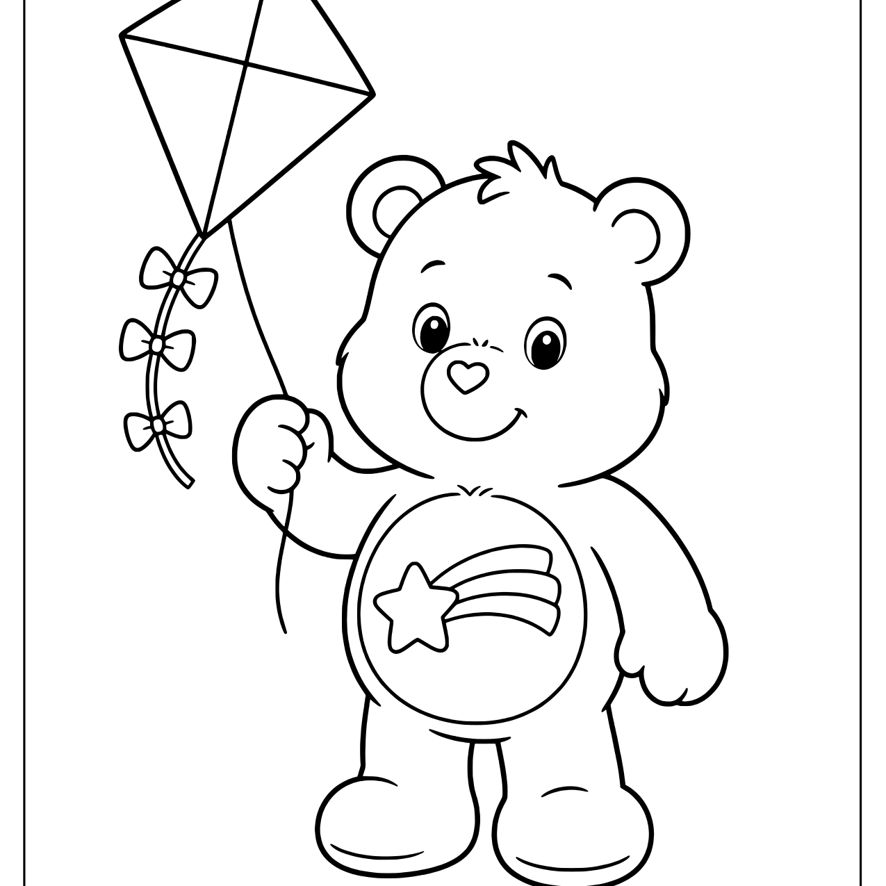 Care Bear with a shooting star belly badge holding the string of a diamond kite with bows on the tail