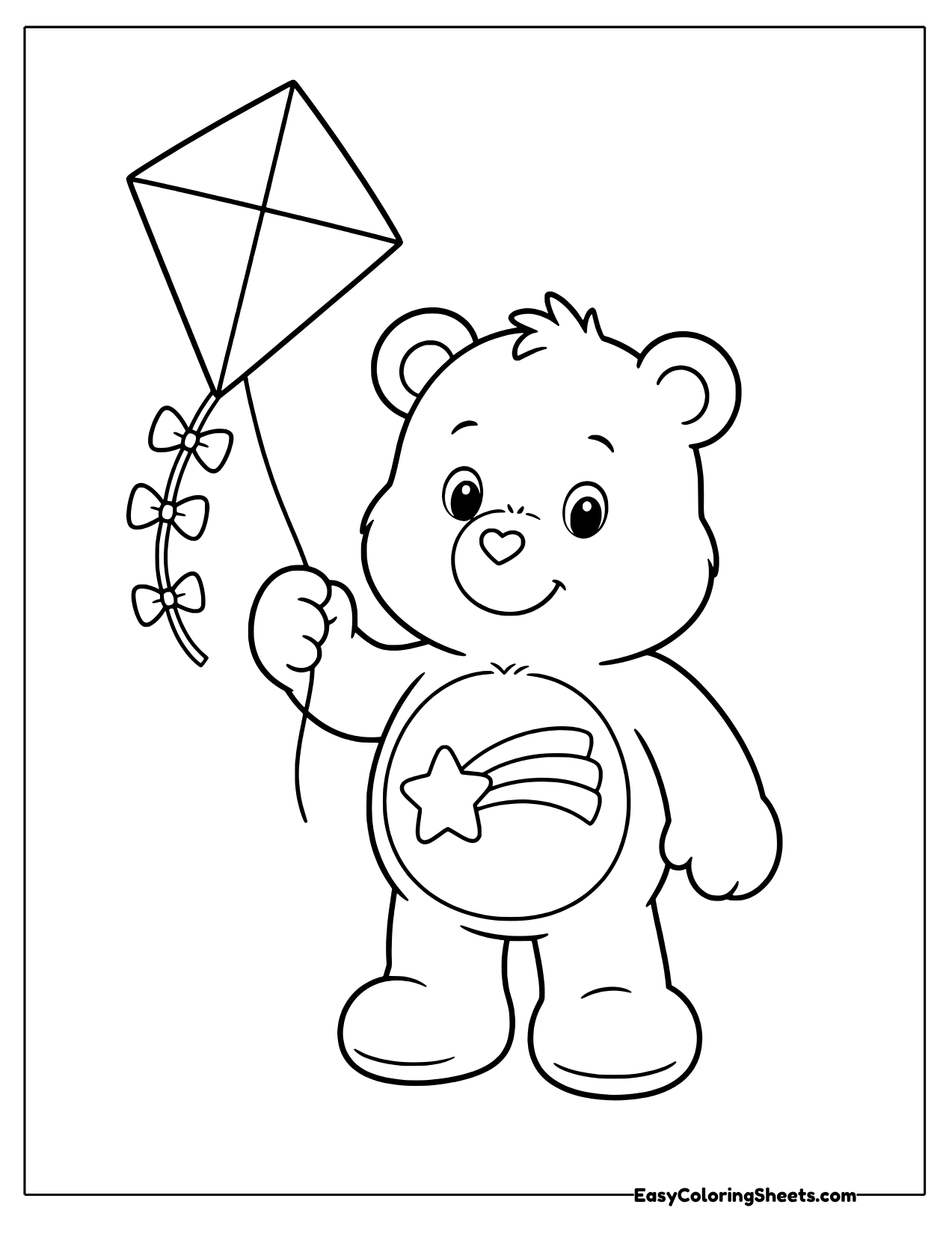 Care Bear with a shooting star belly badge holding the string of a diamond kite with bows on the tail