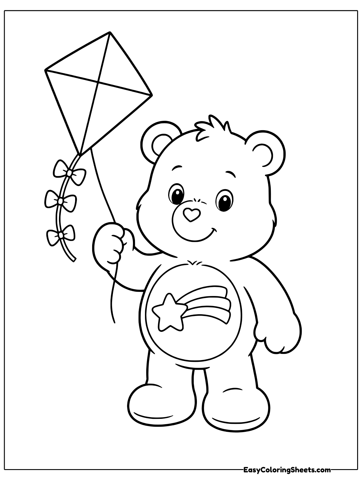 Kite day is here for this Care Bear, who holds the string of a diamond kite with three little bows on its tail.