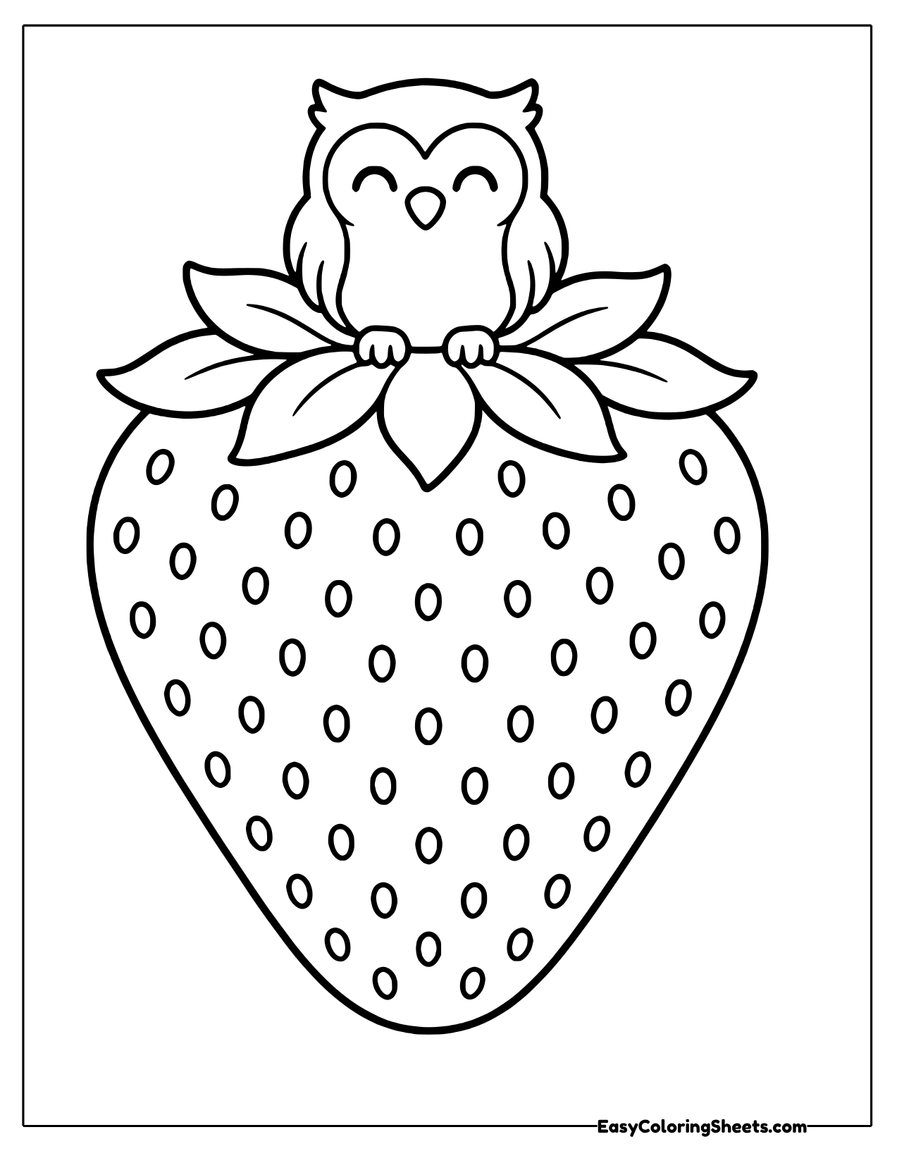 Little owl perched on the leafy cap of a giant strawberry