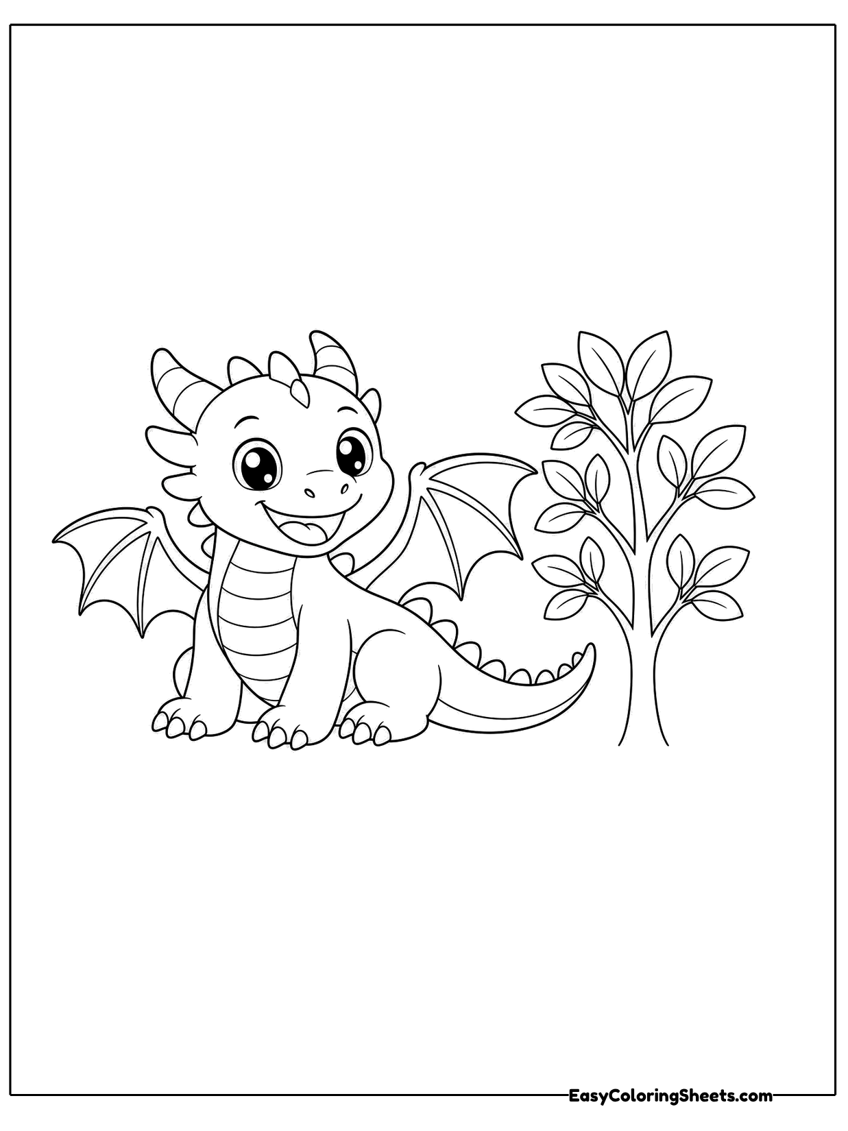 A dragon stands beside a small leafy tree with its wings slightly raised.