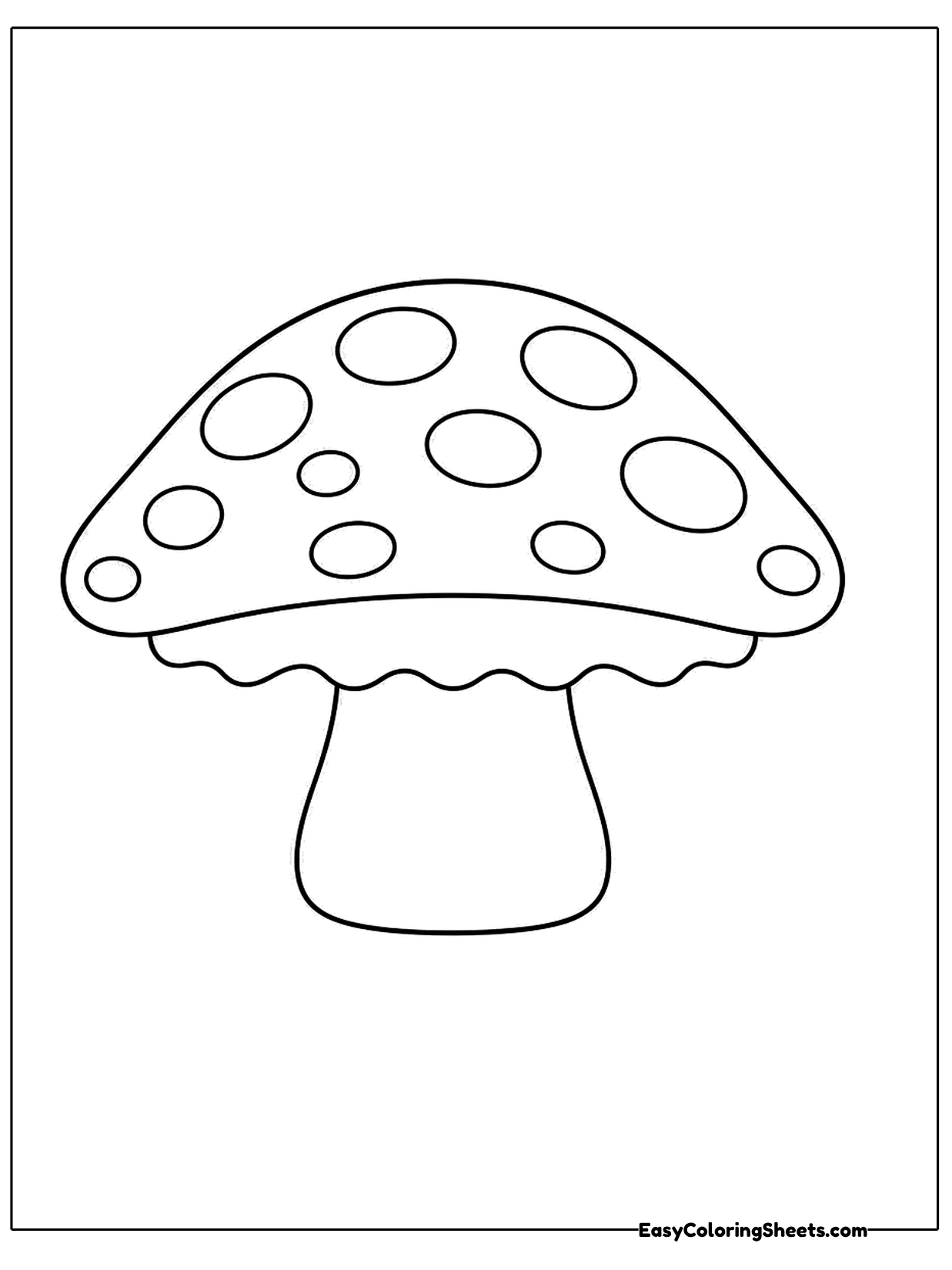 A plain toadstool with a wide spotted cap and a thick stem sits in the middle of the page.