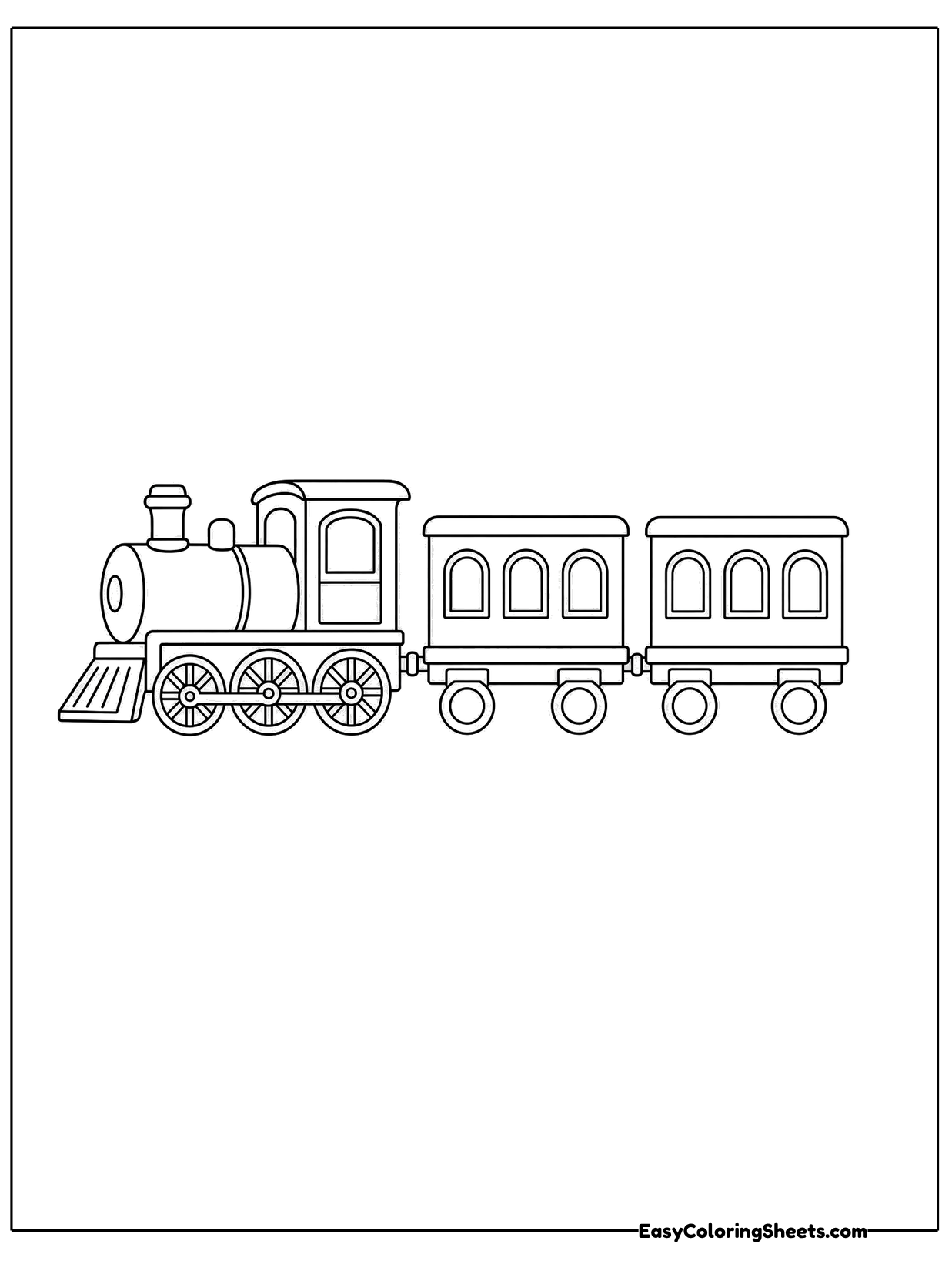 A little steam engine pulls two passenger cars with rows of windows along the track.