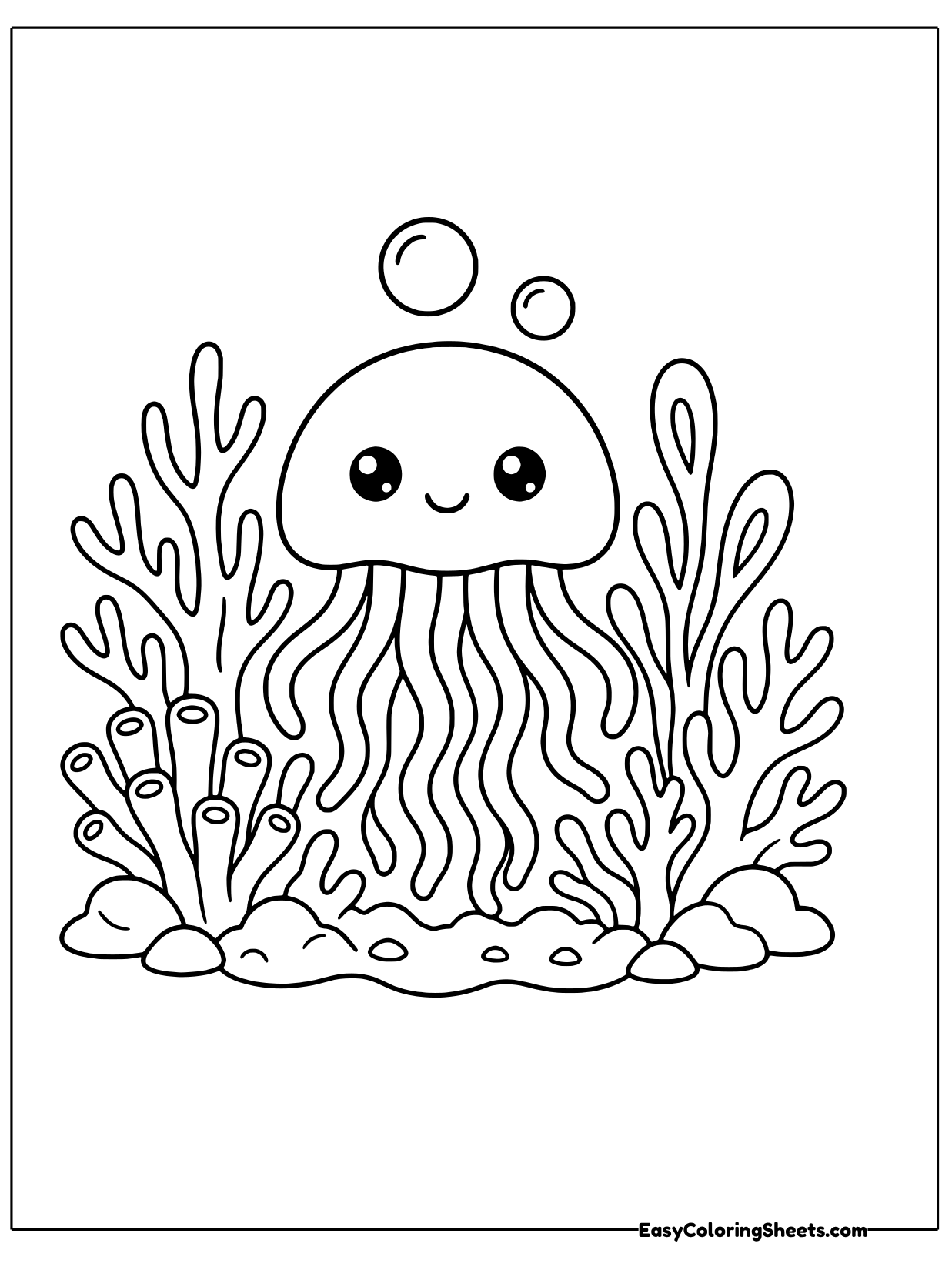A smiling jellyfish hovers in the middle of a thick coral garden that branches up on both sides.